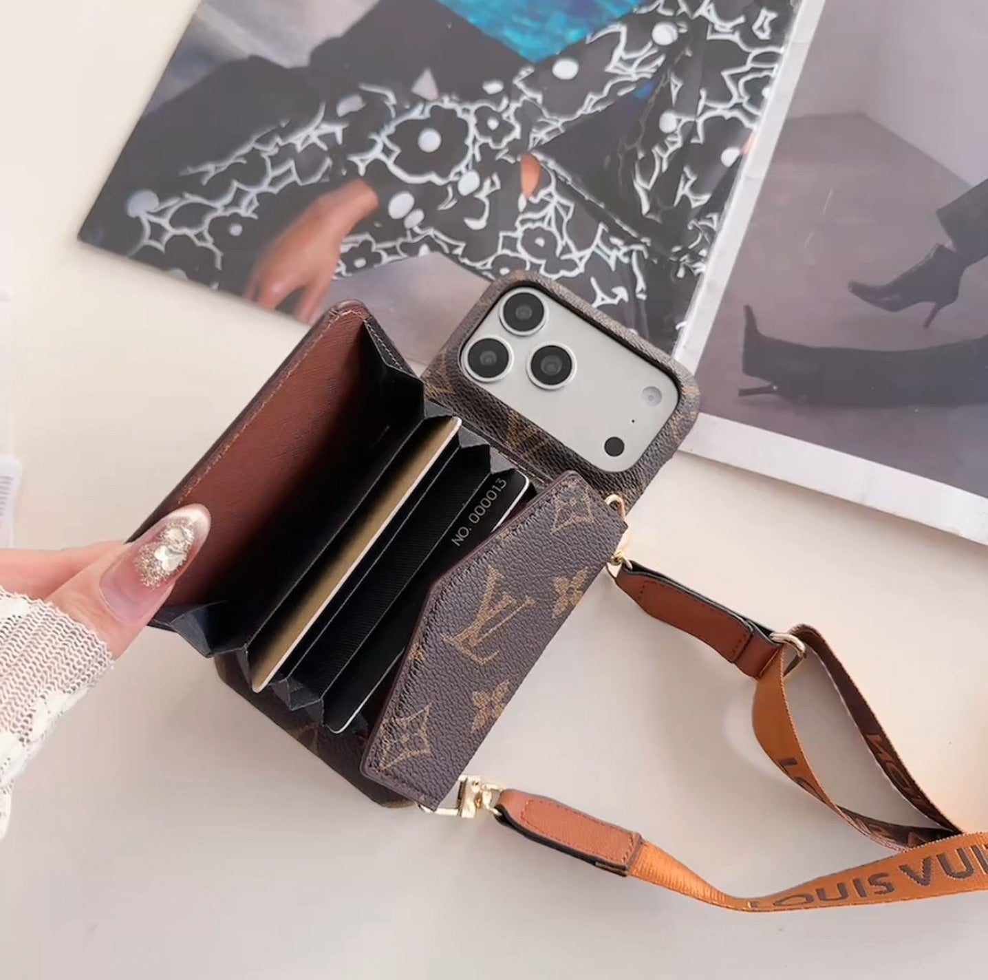 Luxury Monogram Crossbody Case With Detachable Strap & Wallet For iPhone 15-17