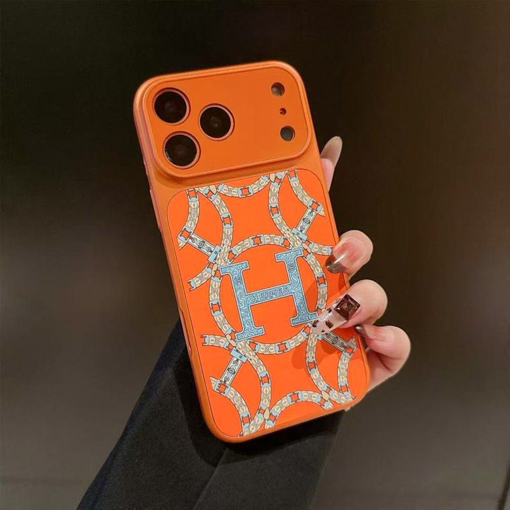 Orange H Pattern Phone Case For iPhone 14-17 Pro Max