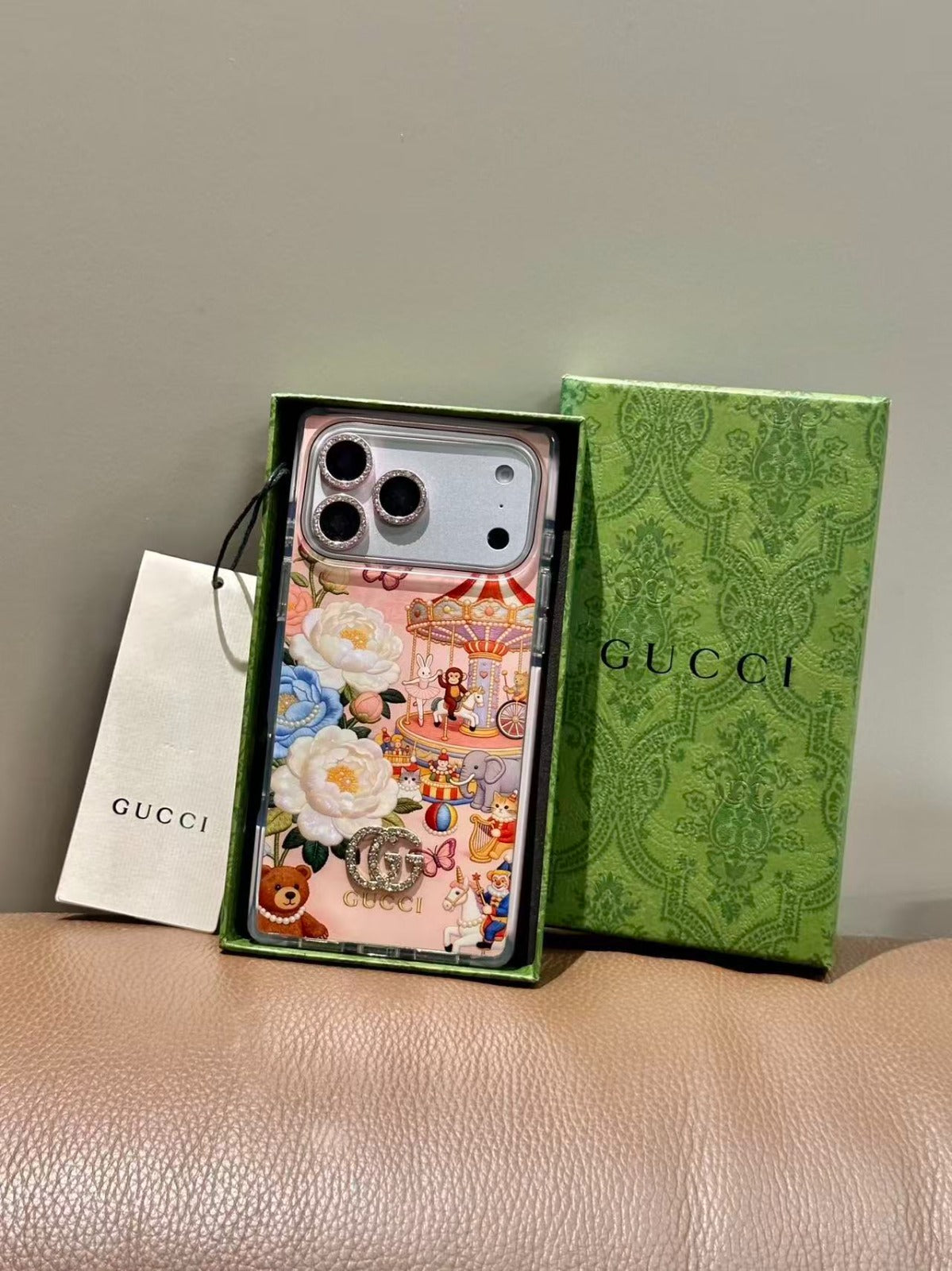 Pink Floral Carousel iPhone Case with Crystal Charm & Rhinestone Lens for iPhone 15-17 Pro Max