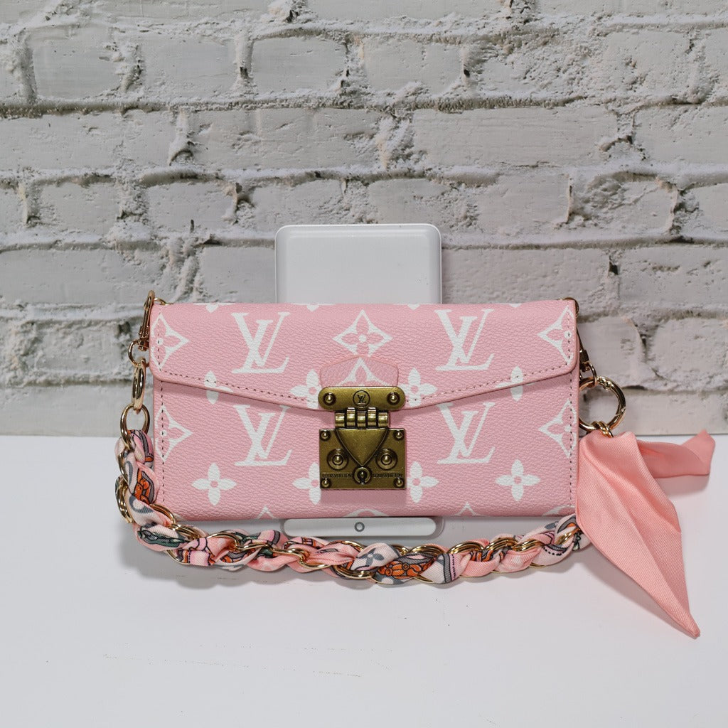 Pink Monogram Crossbody Wallet Case With Chain Hand Holder For iPhone 17 Pro Max