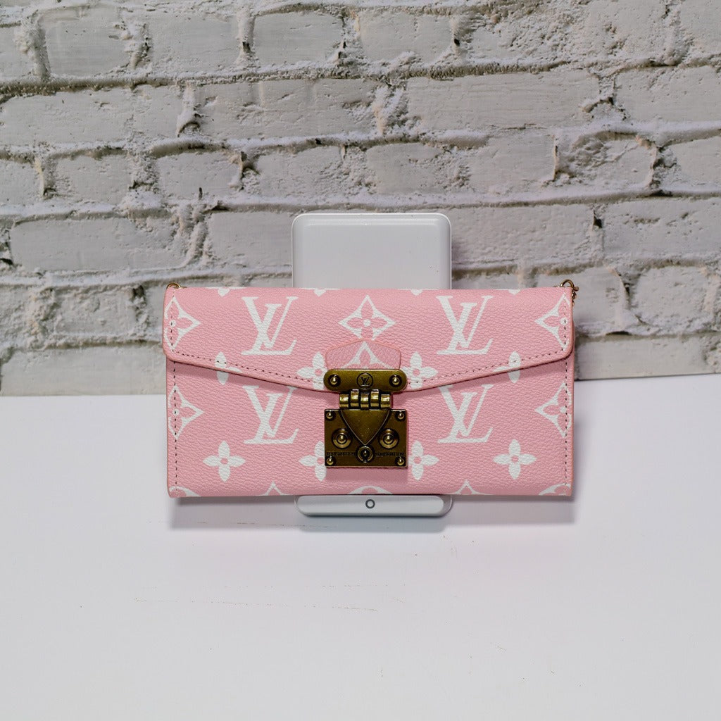 Pink Monogram Crossbody Wallet Case With Chain Hand Holder For iPhone 17 Pro Max