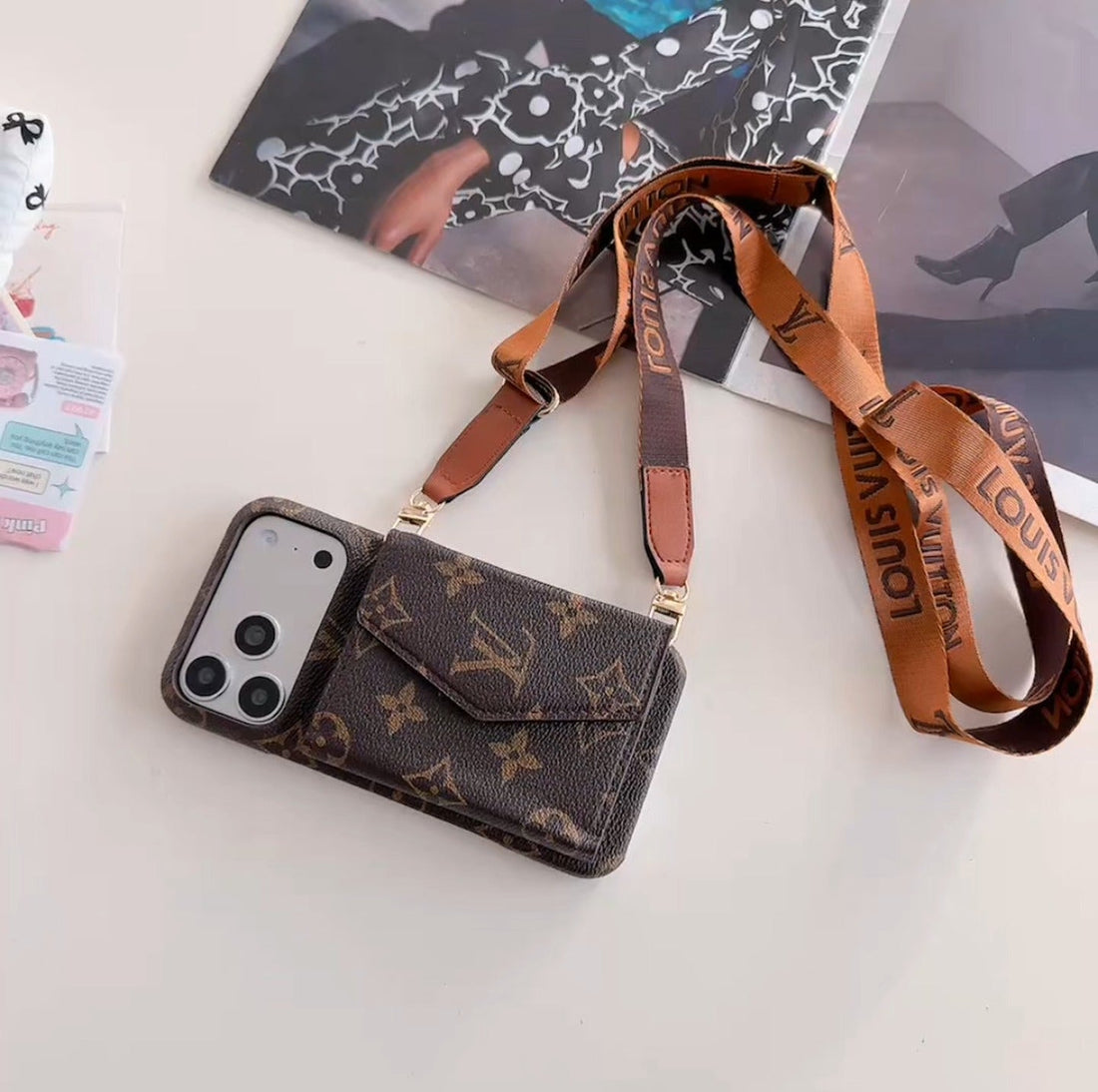 Luxury Monogram Crossbody Case With Detachable Strap & Wallet For iPhone 15-17