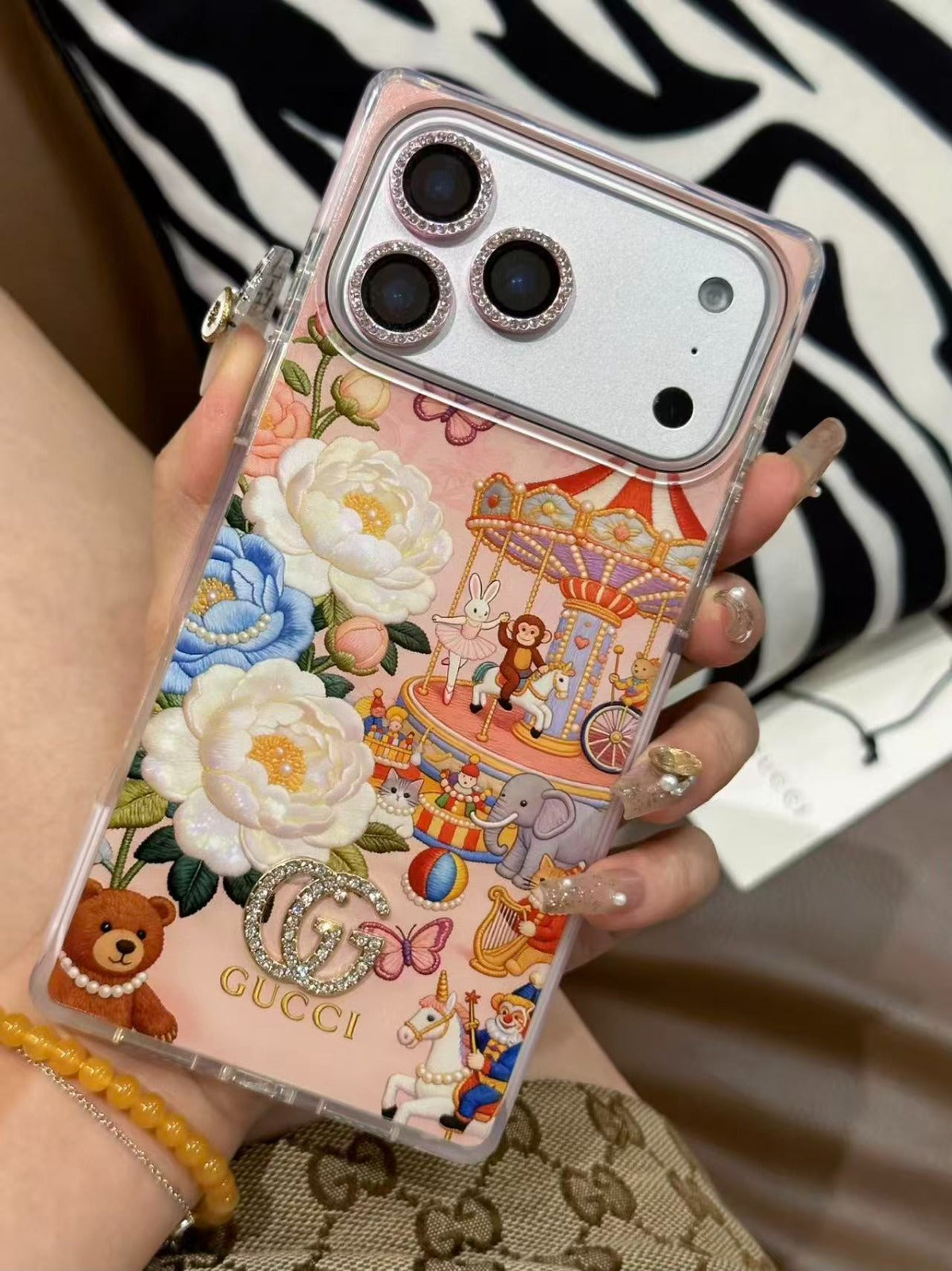 Pink Floral Carousel iPhone Case with Crystal Charm & Rhinestone Lens for iPhone 15-17 Pro Max