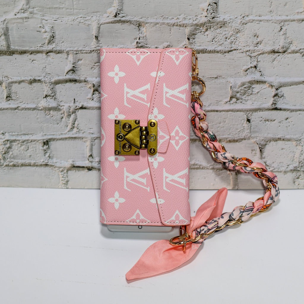 Pink Monogram Crossbody Wallet Case With Chain Hand Holder For iPhone 17 Pro Max