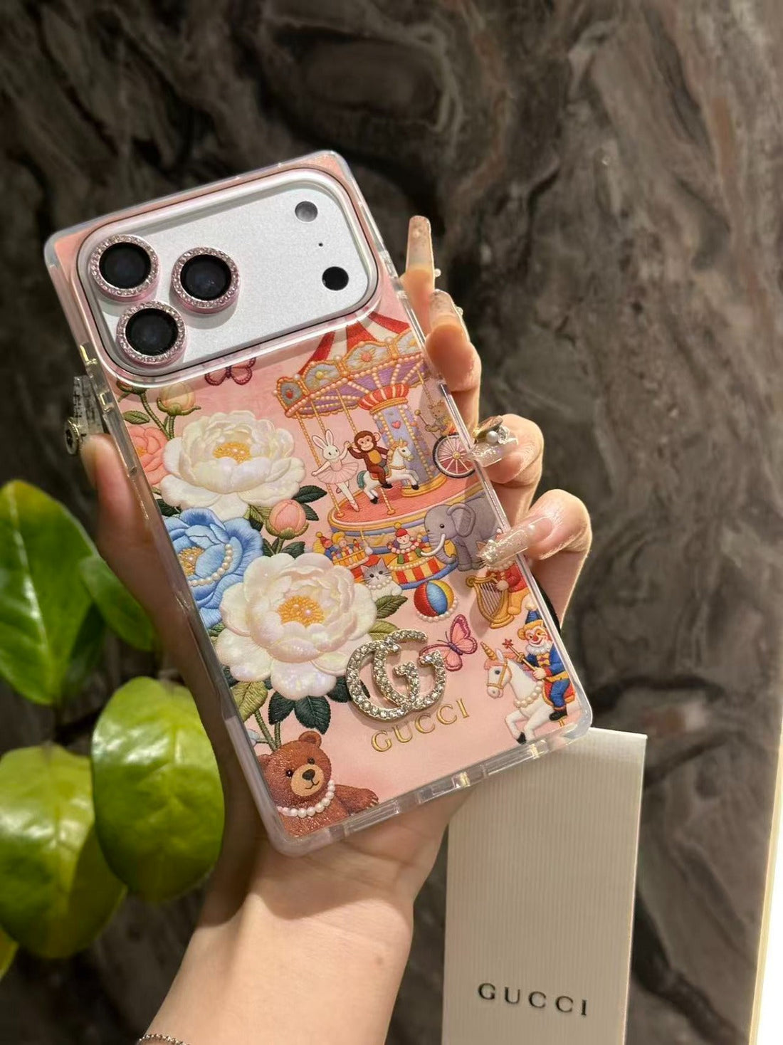 Pink Floral Carousel iPhone Case with Crystal Charm & Rhinestone Lens for iPhone 15-17 Pro Max