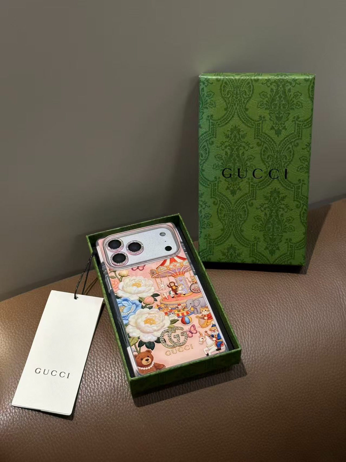 Pink Floral Carousel iPhone Case with Crystal Charm & Rhinestone Lens for iPhone 15-17 Pro Max