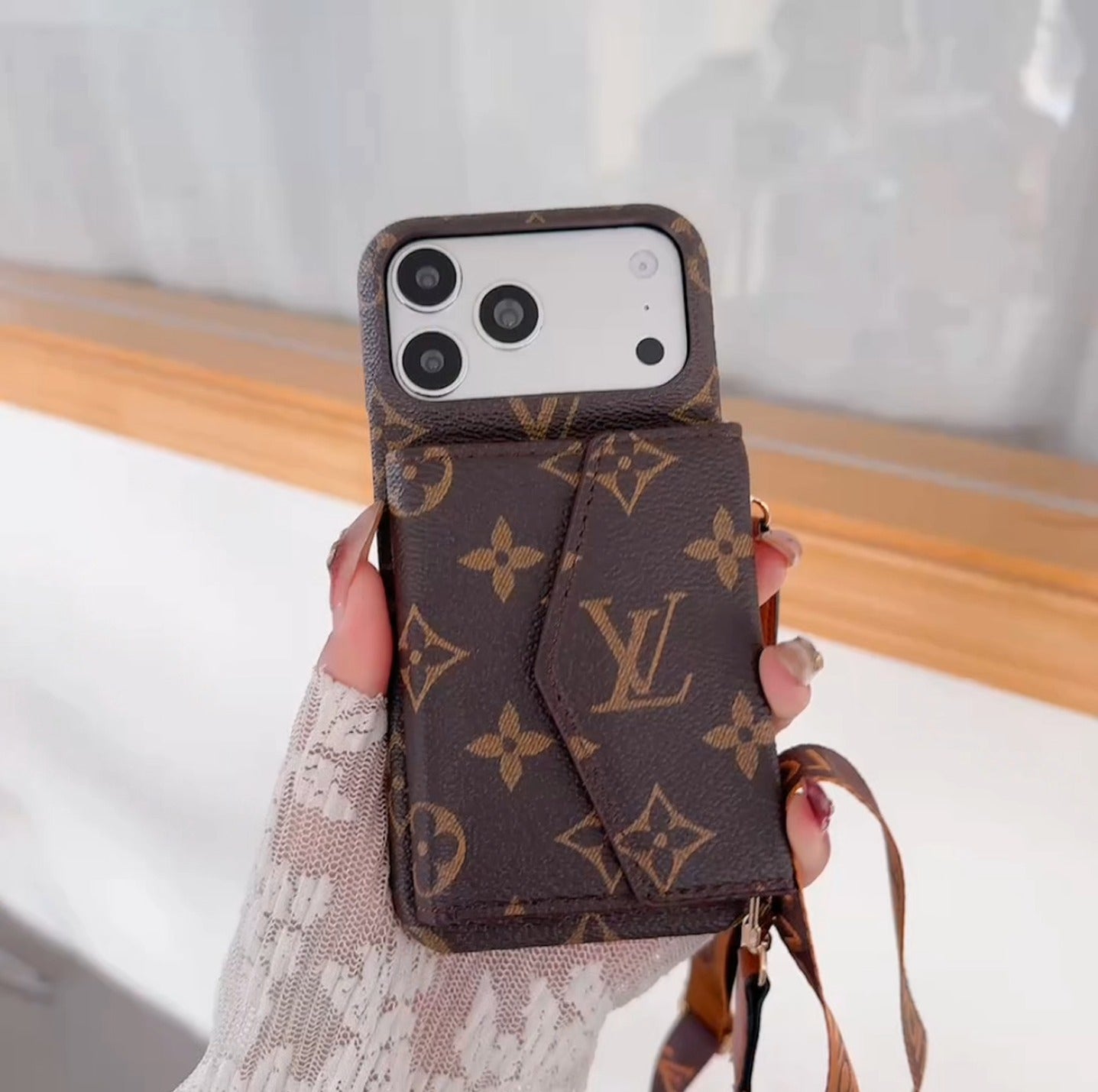 Luxury Monogram Crossbody Case With Detachable Strap & Wallet For iPhone 15-17
