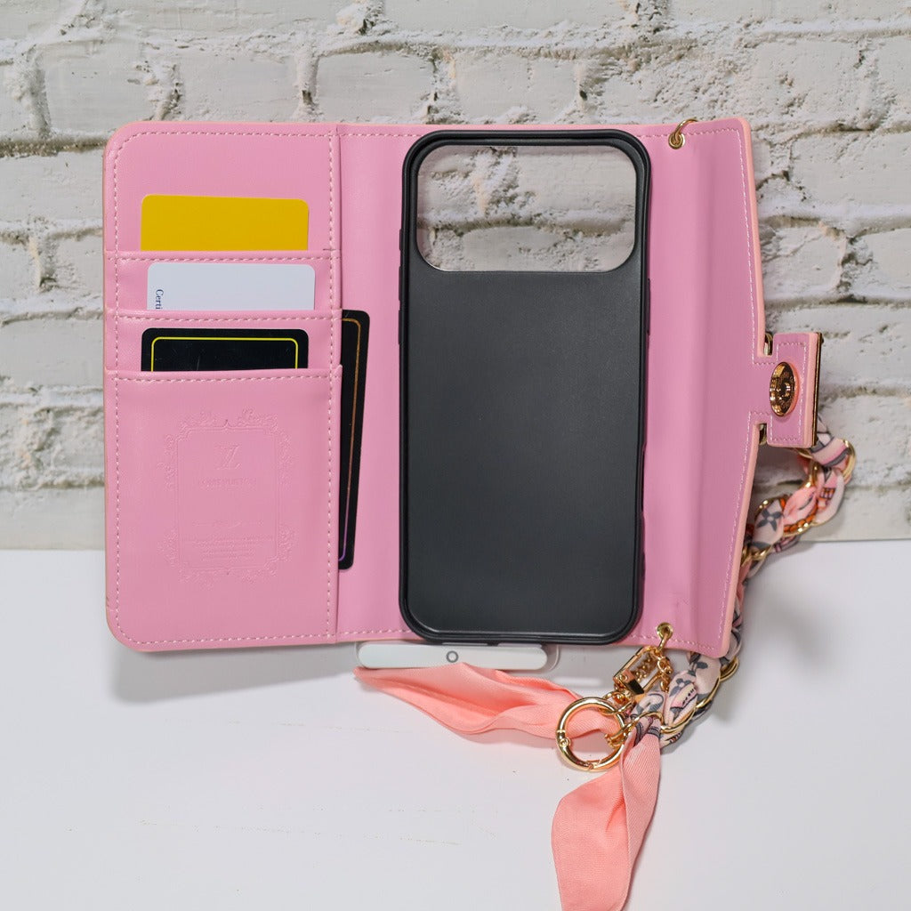 Pink Monogram Crossbody Wallet Case With Chain Hand Holder For iPhone 17 Pro Max