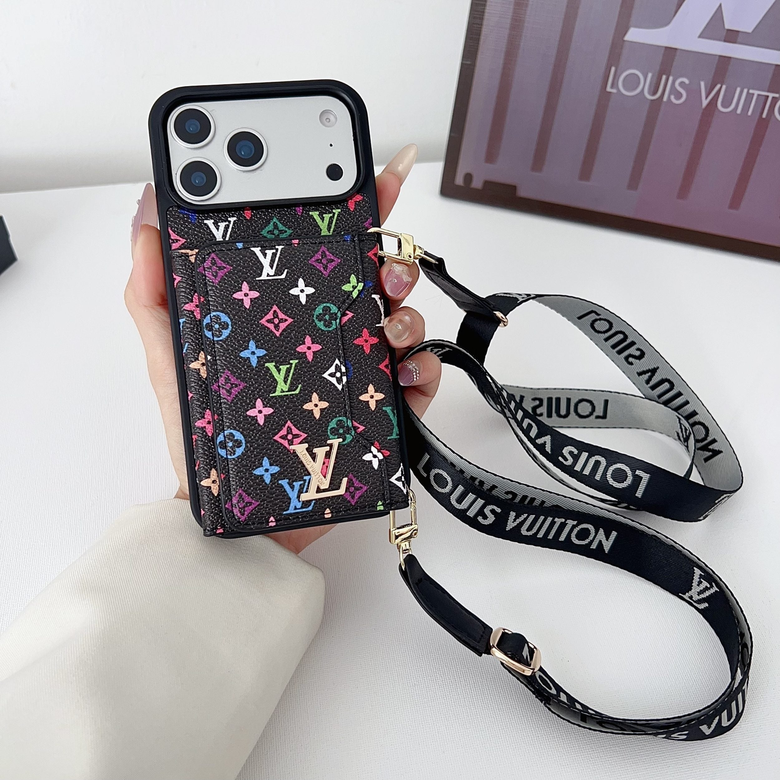 Multicolor Monogram Crossbody Wallet Case for iPhone 14-17 Pro Max
