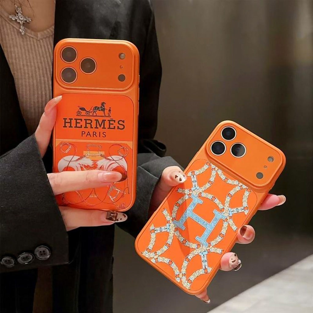 Orange H Pattern Phone Case For iPhone 14-17 Pro Max