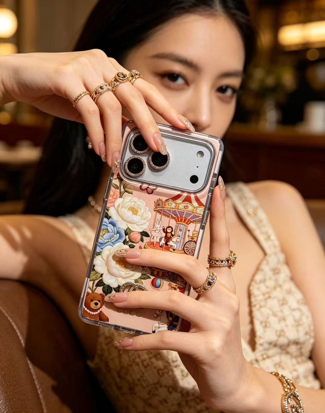 Pink Floral Carousel iPhone Case with Crystal Charm & Rhinestone Lens for iPhone 15-17 Pro Max