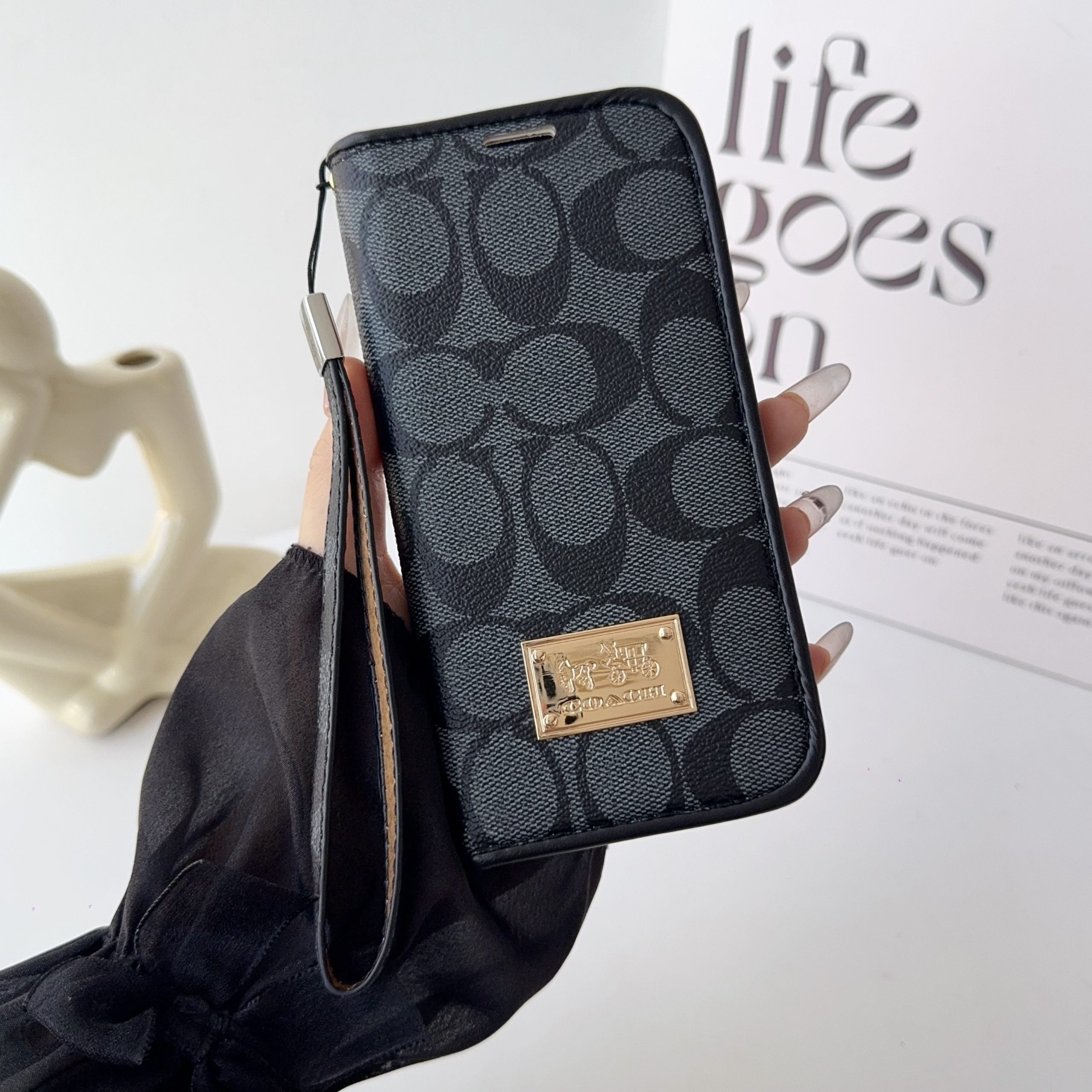 Coach Holster Wallet Case With Magnetic Closure & Hand Strap For iPhone 12-17 Pro Max