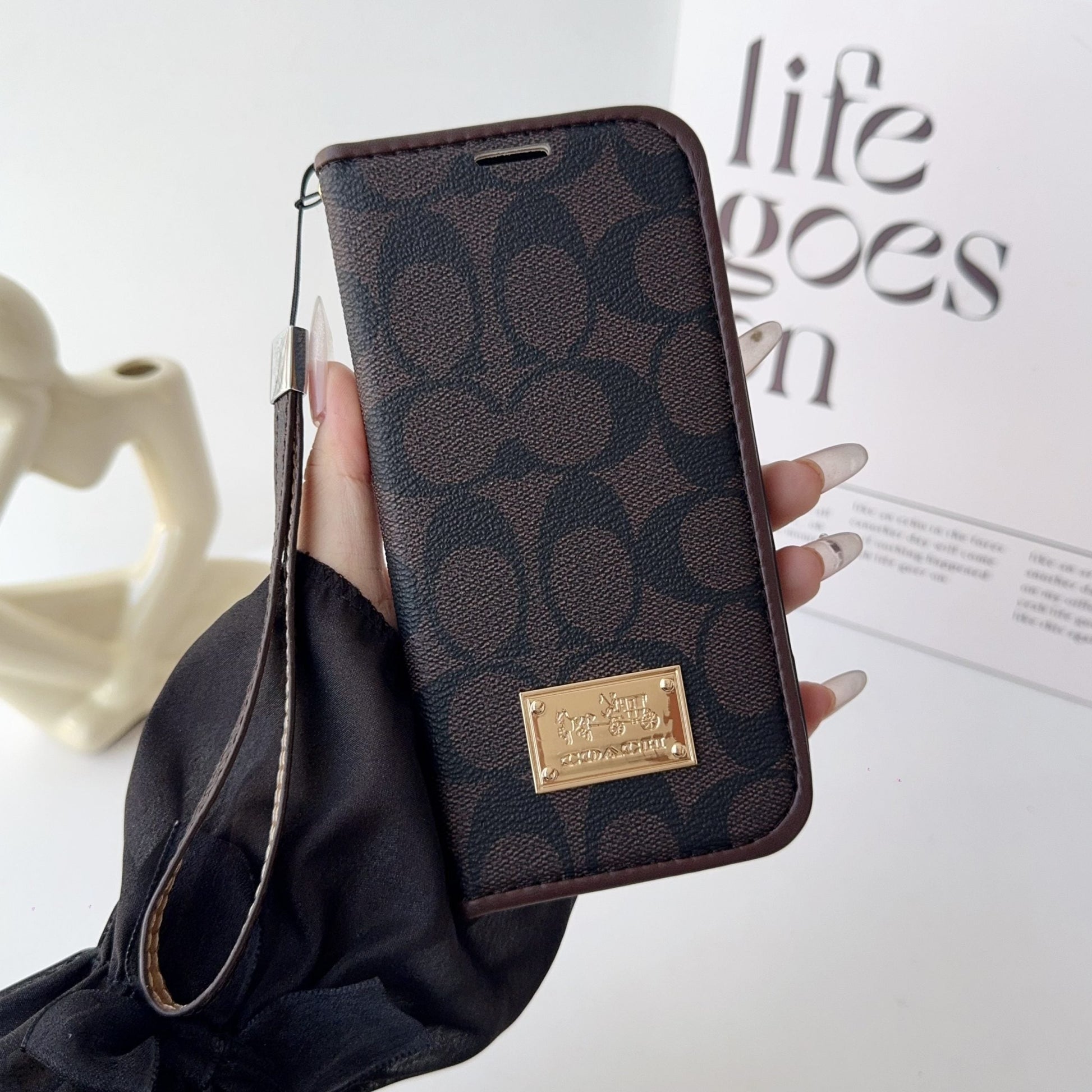 Coach Holster Wallet Case With Magnetic Closure & Hand Strap For iPhone 12-17 Pro Max