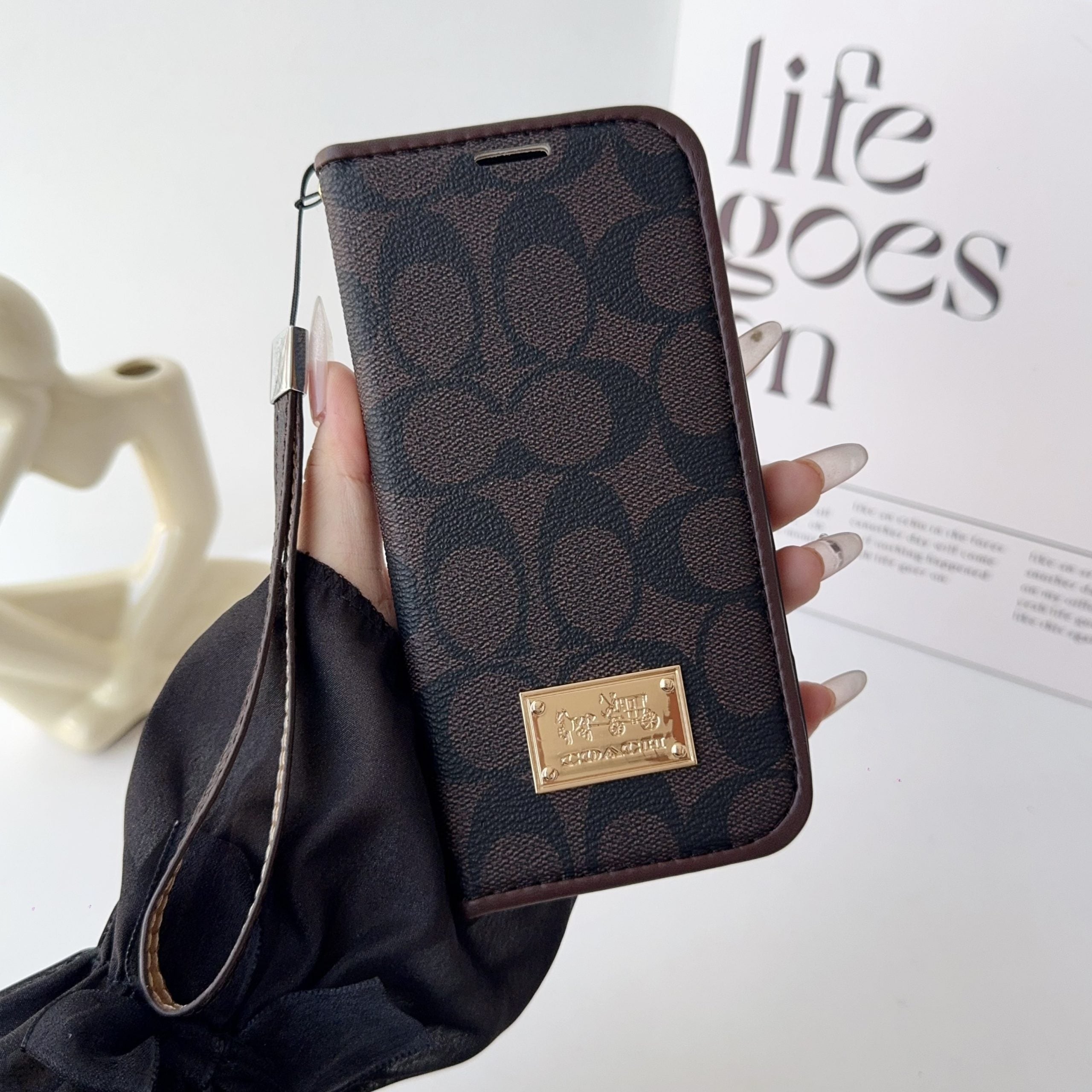 Coach Holster Wallet Case With Magnetic Closure & Hand Strap For iPhone 12-17 Pro Max