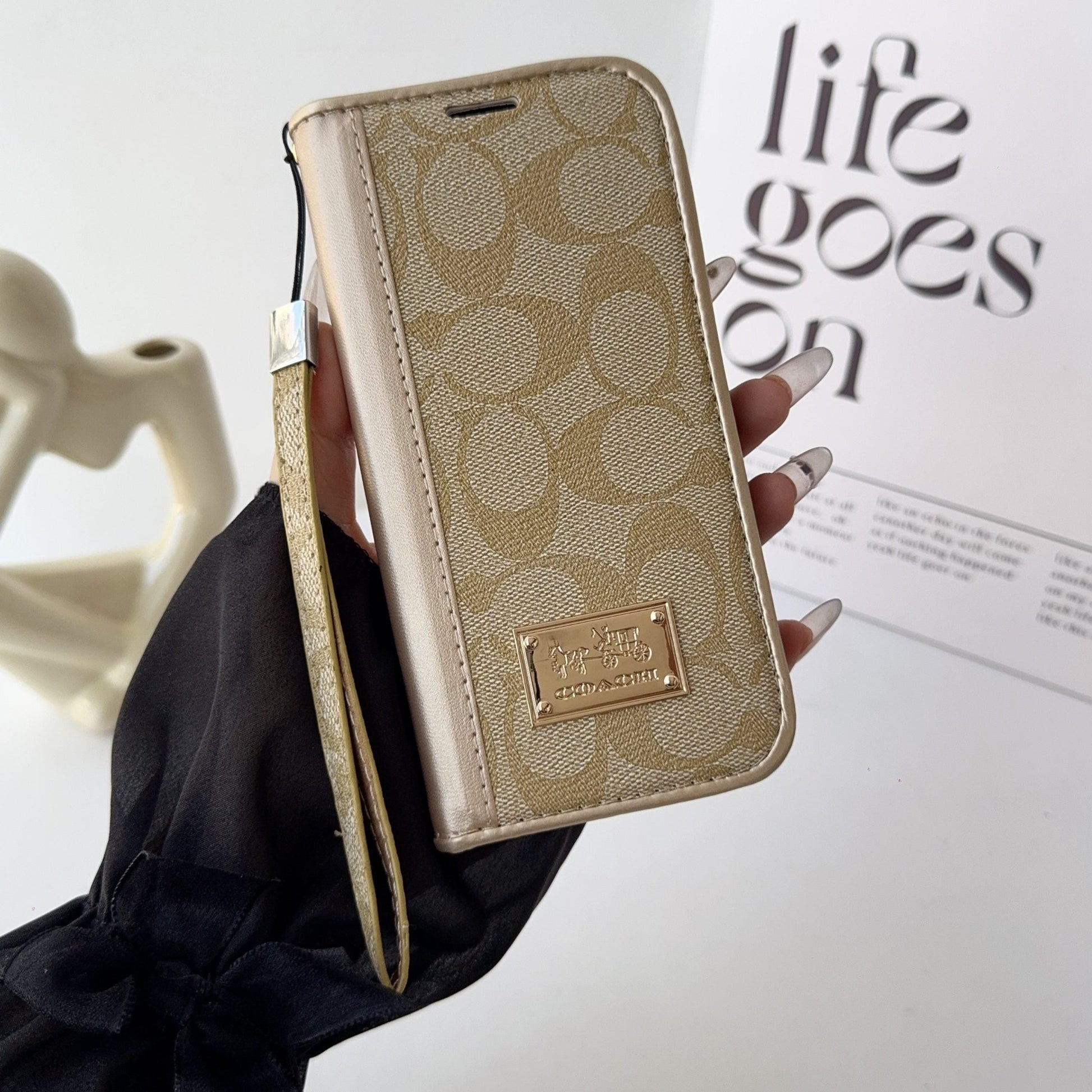 Coach Holster Wallet Case With Magnetic Closure & Hand Strap For iPhone 12-17 Pro Max
