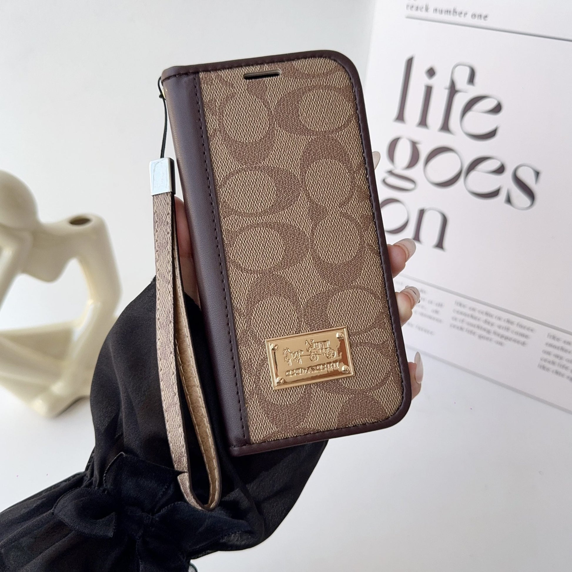 Coach Holster Wallet Case With Magnetic Closure & Hand Strap For iPhone 12-17 Pro Max