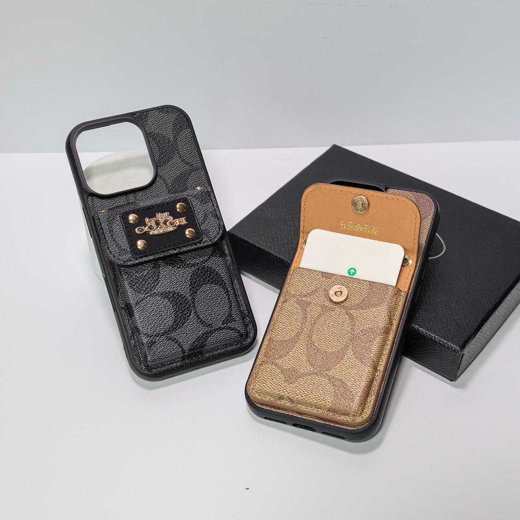 Coach Leather Phone Case Card Holder For iPhone 12-16 Pro Max Plus