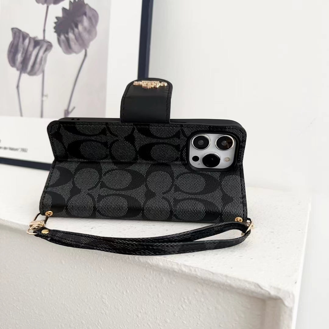 Coach Phone Case Wallet Style with Hand Strap for iPhone 12-17 Pro Max