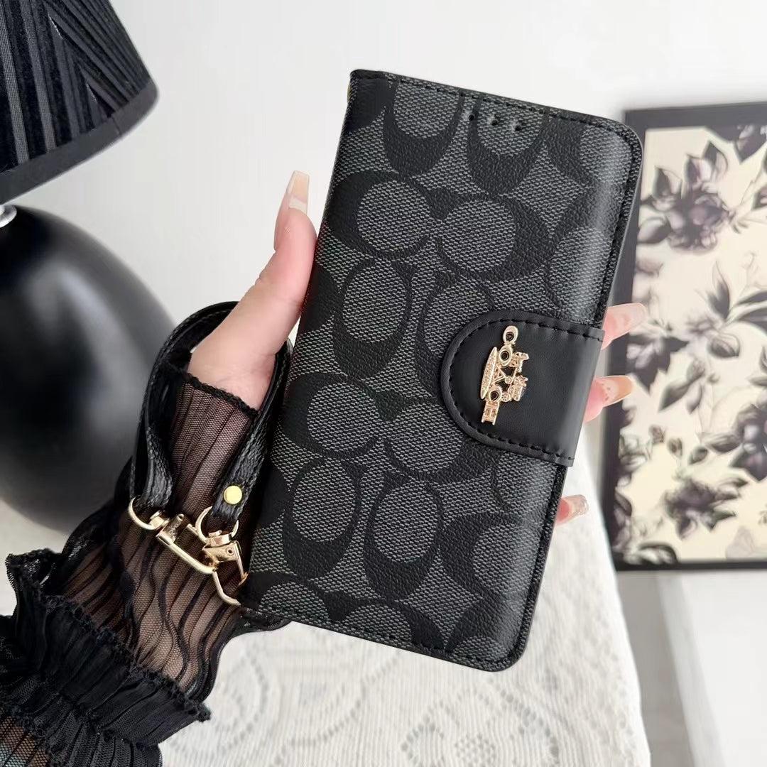 Coach Phone Case Wallet Style with Hand Strap for iPhone 12-17 Pro Max