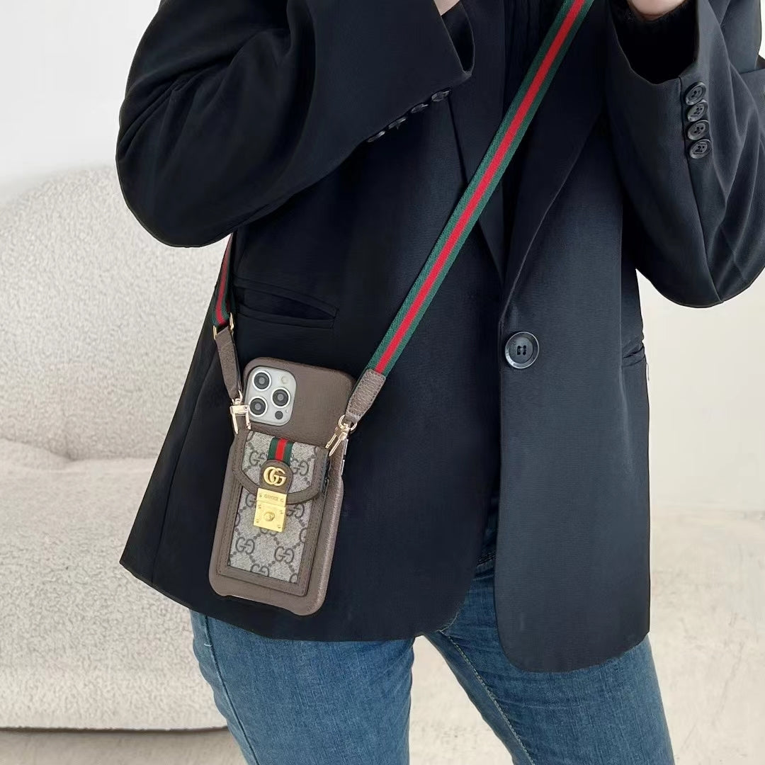 Crossbody Leather Case With Card Slot & Lanyard For iPhone 11-16 Pro Max