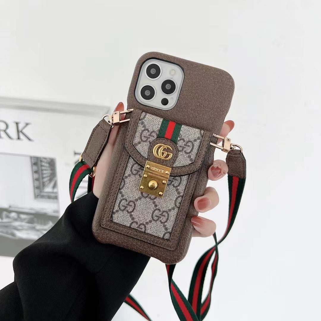 Crossbody Leather Case With Card Slot & Lanyard For iPhone 11-16 Pro Max