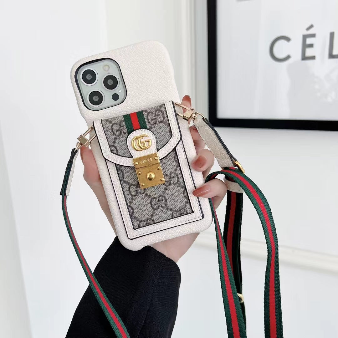 Crossbody Leather Case With Card Slot & Lanyard For iPhone 11-16 Pro Max