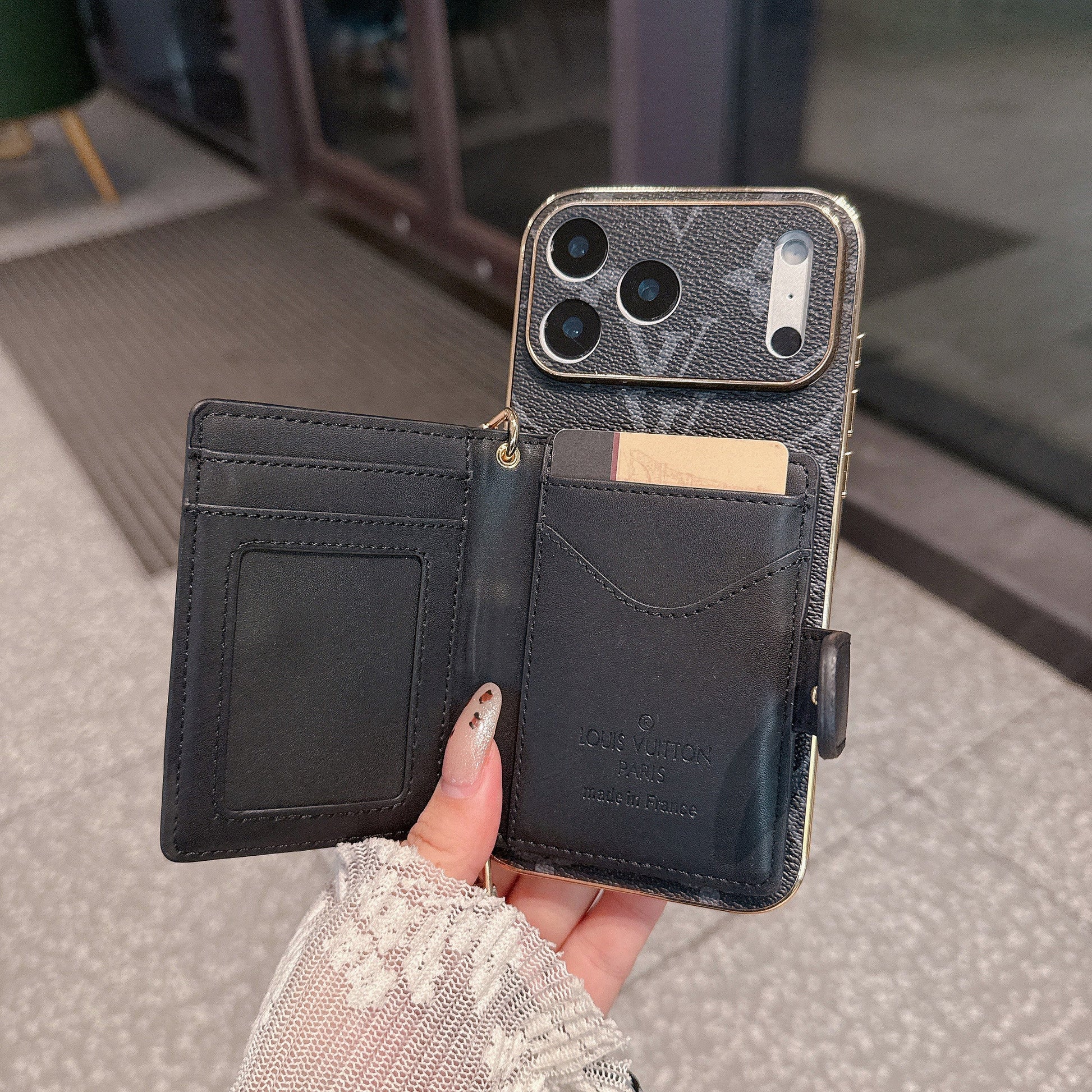 Noir Crossbody Case With Card Wallet & Adjustable Strap For iPhone 15-17 Pro Max