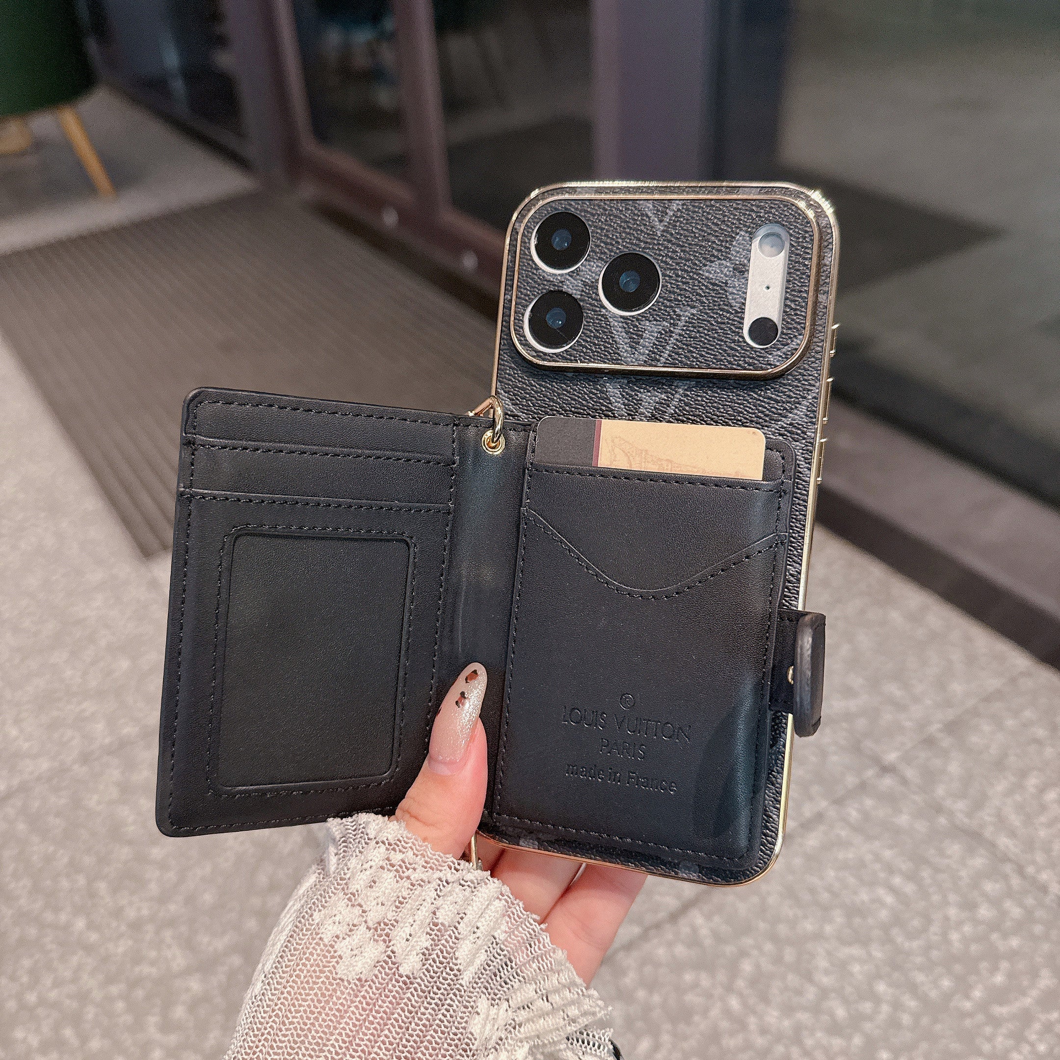 Noir Crossbody Case With Card Wallet & Adjustable Strap For iPhone 15-17 Pro Max