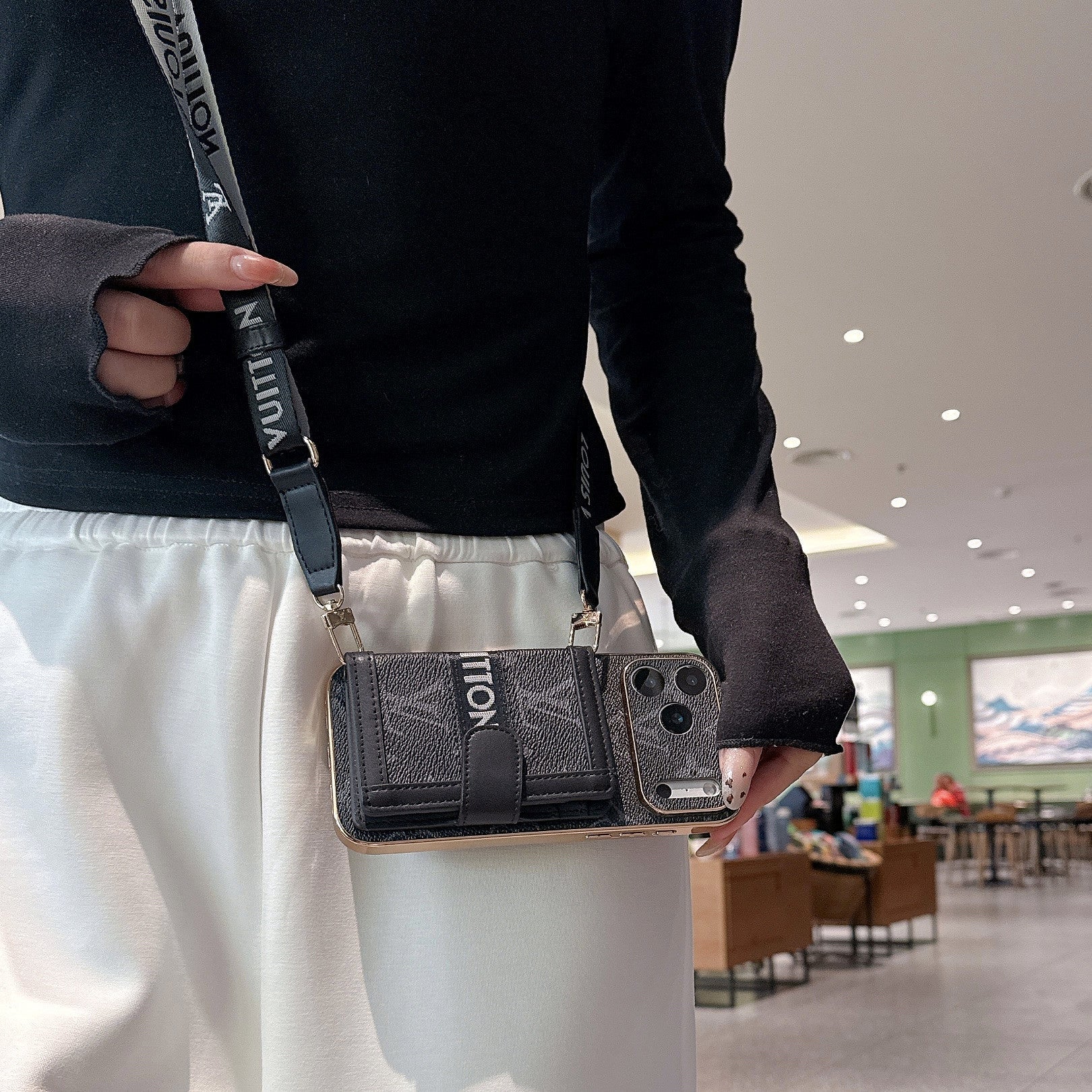 Noir Crossbody Case With Card Wallet & Adjustable Strap For iPhone 15-17 Pro Max