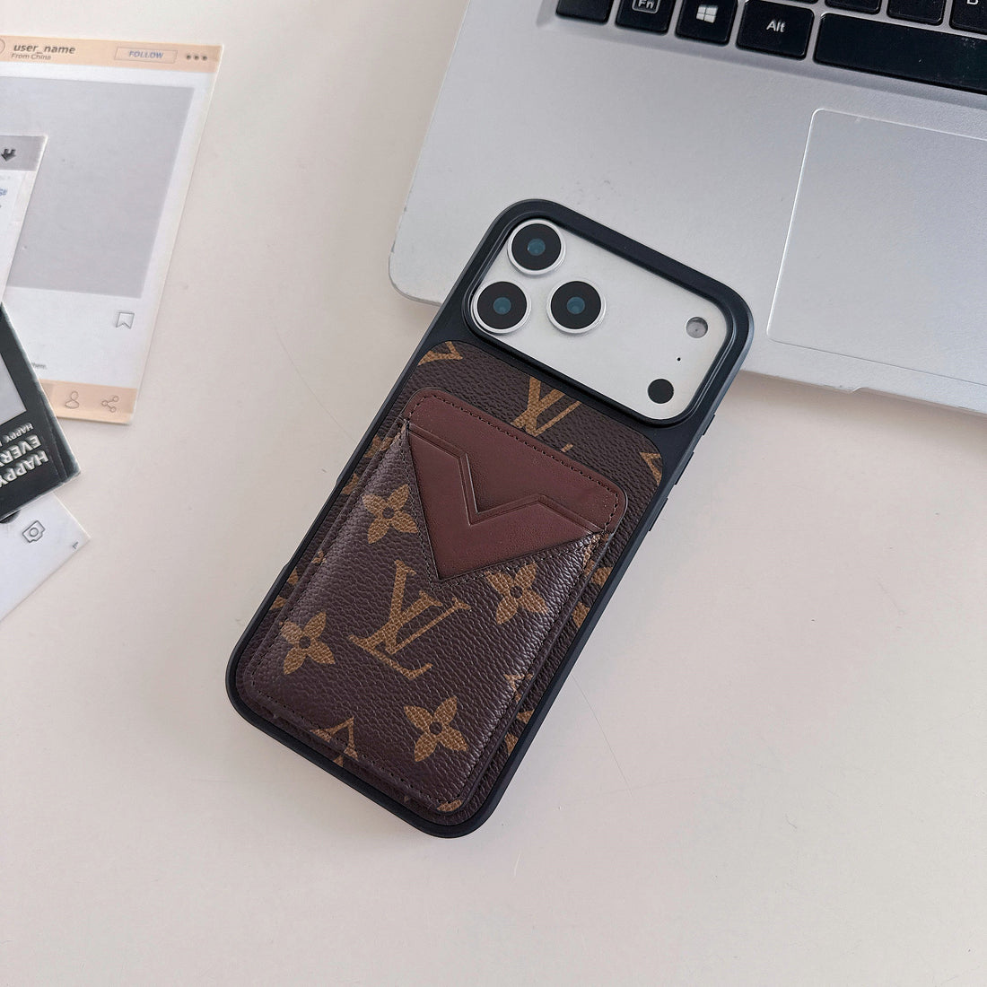 Brown Leather Monogram iPhone Wallet Case with Card Holder for 16-17 Pro Max