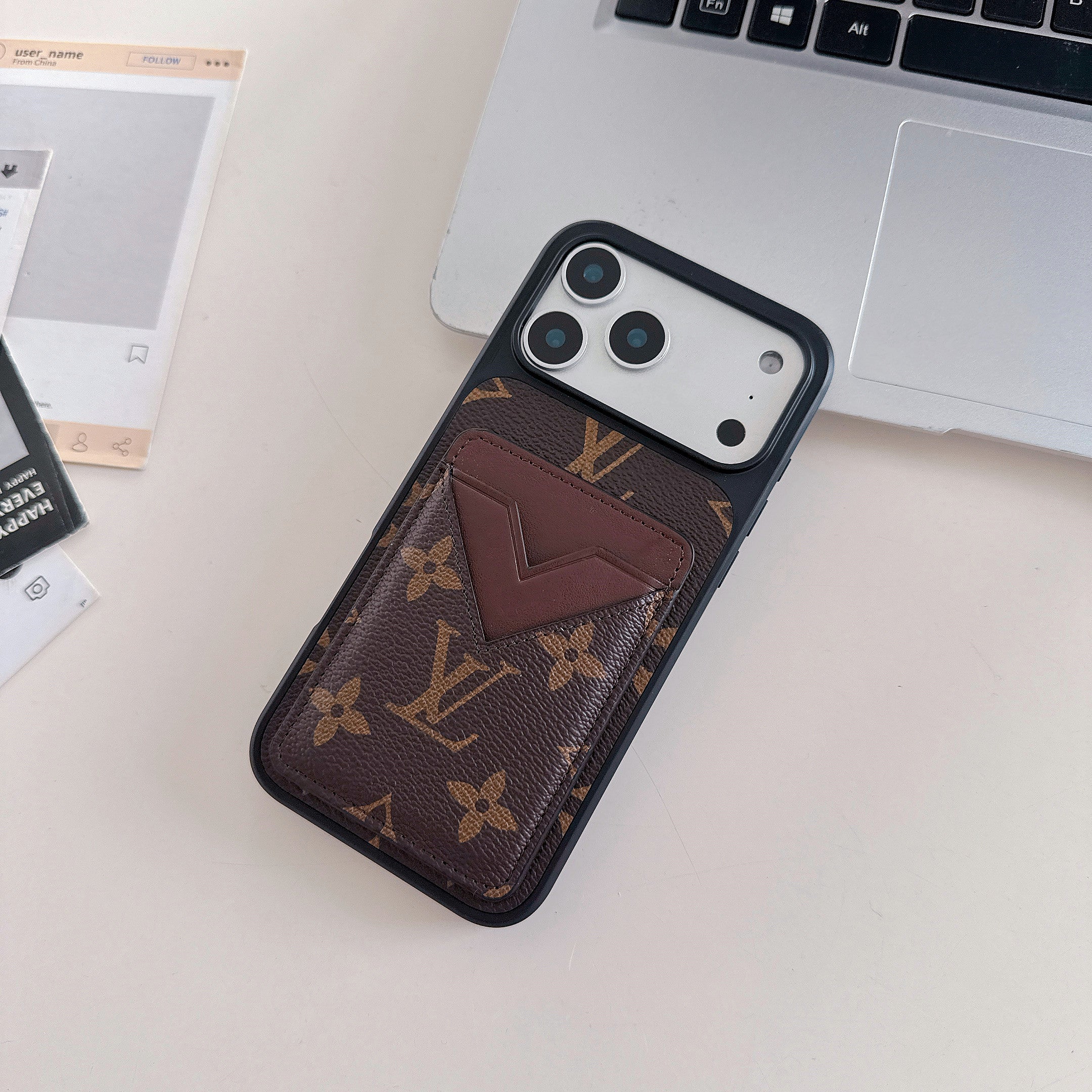 Brown Leather Monogram iPhone Wallet Case with Card Holder for 16-17 Pro Max