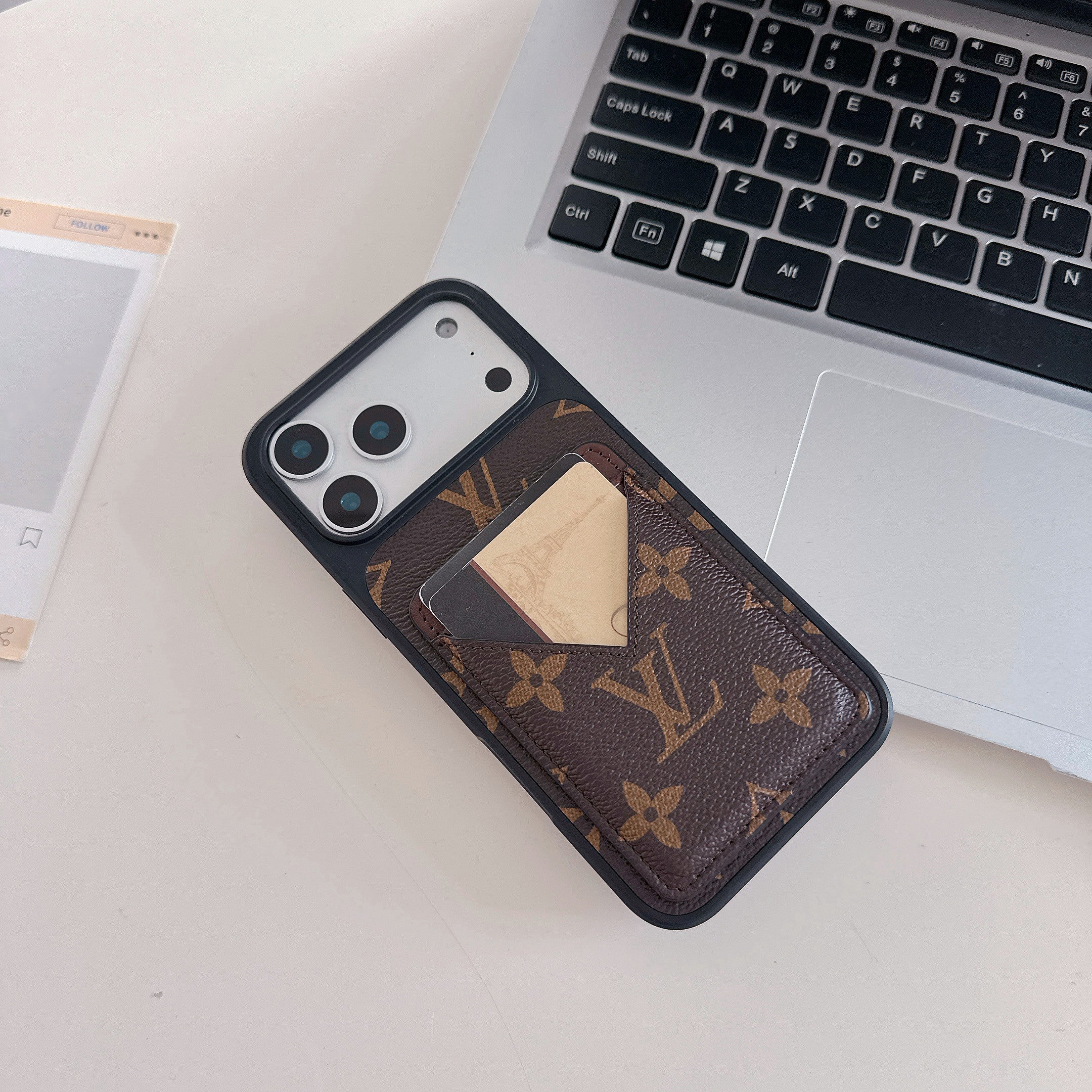 Brown Leather Monogram iPhone Wallet Case with Card Holder for 16-17 Pro Max