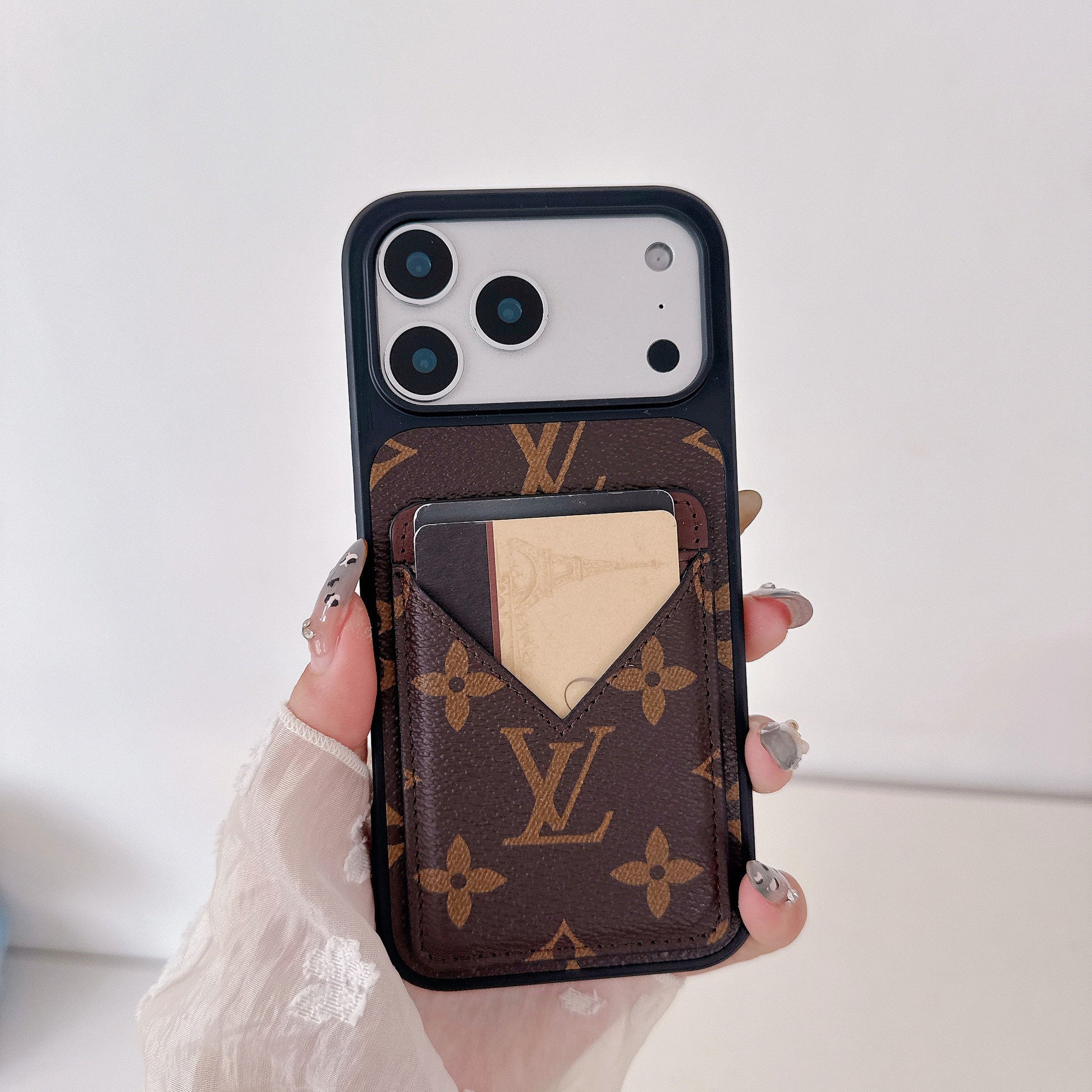 Brown Leather Monogram iPhone Wallet Case with Card Holder for 16-17 Pro Max