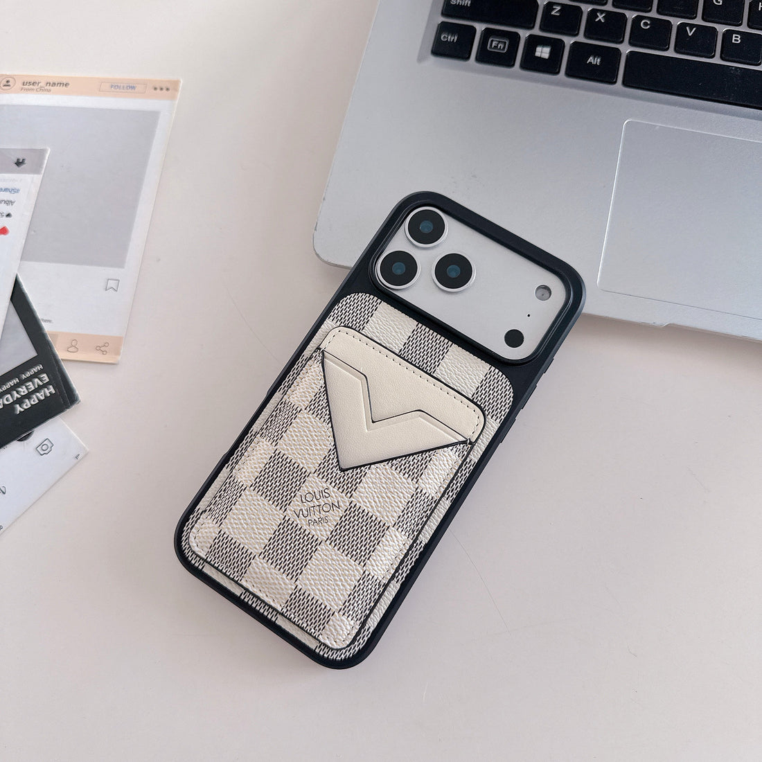White Checkered Leather Wallet Case with V-Pocket Card Slot for iPhone 16-17 Pro Max