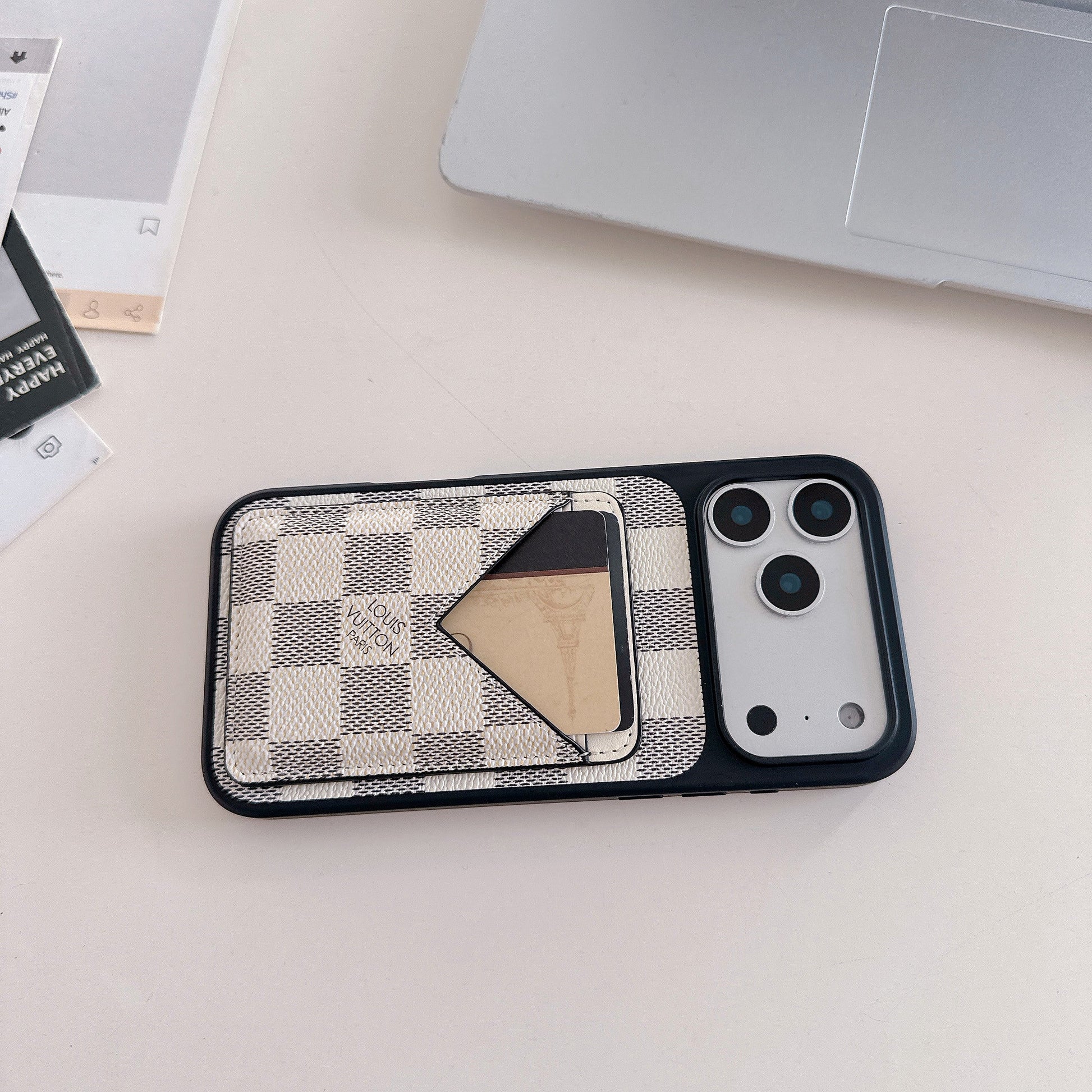 White Checkered Leather Wallet Case with V-Pocket Card Slot for iPhone 16-17 Pro Max