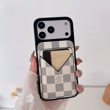 White Checkered Leather Wallet Case with V-Pocket Card Slot for iPhone 16-17 Pro Max