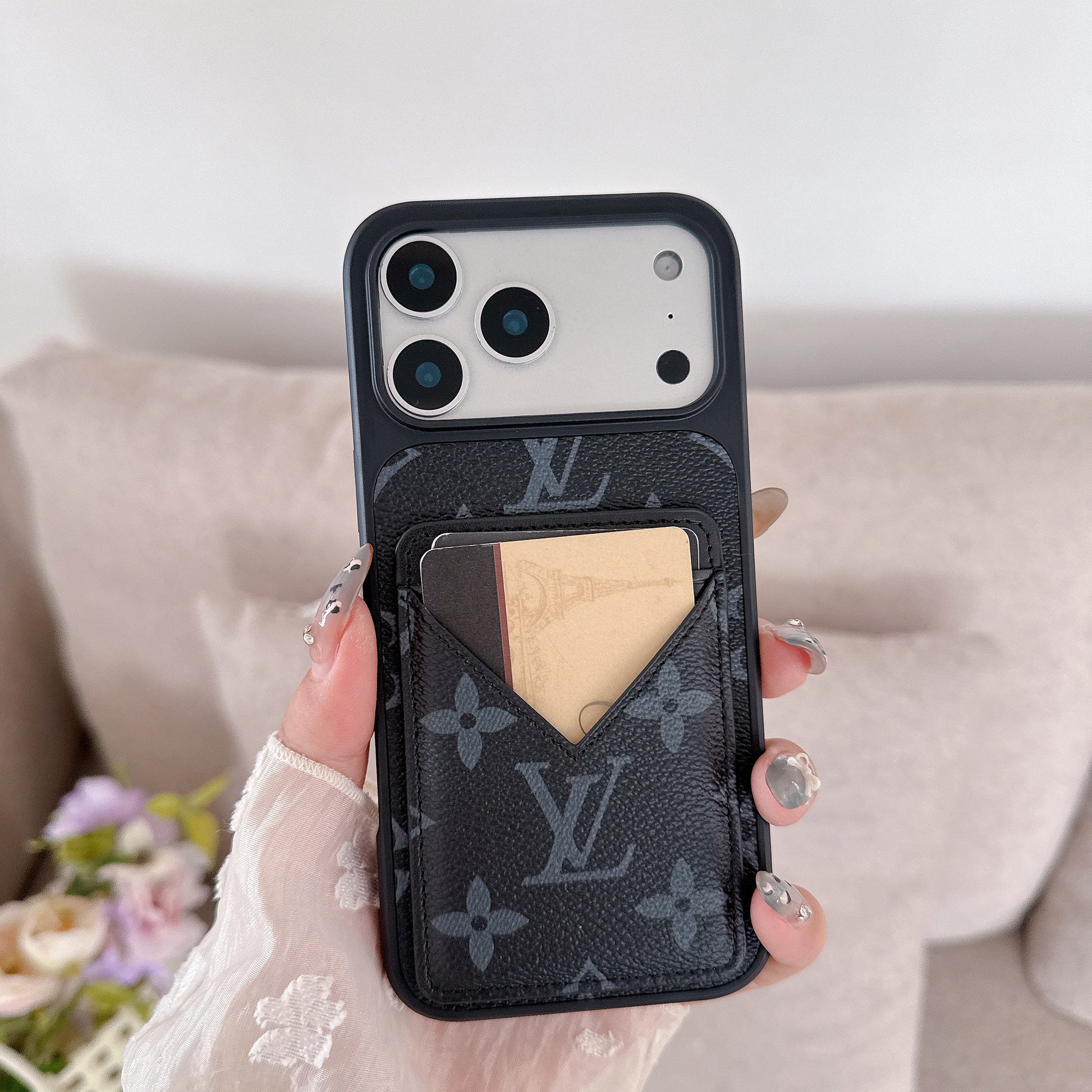 Black Monogram Leather Wallet Case with V-Pocket Card Slot for iPhone 16-17 Pro Max