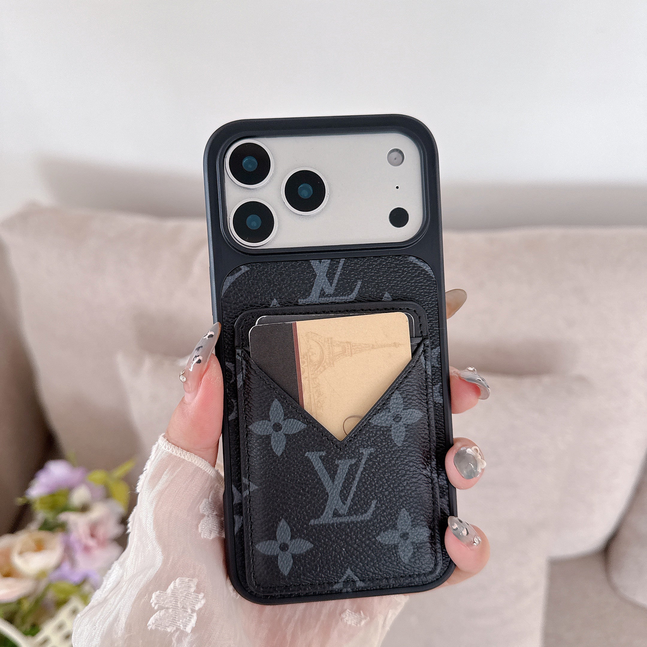 Black Monogram Leather Wallet Case with V-Pocket Card Slot for iPhone 16-17 Pro Max