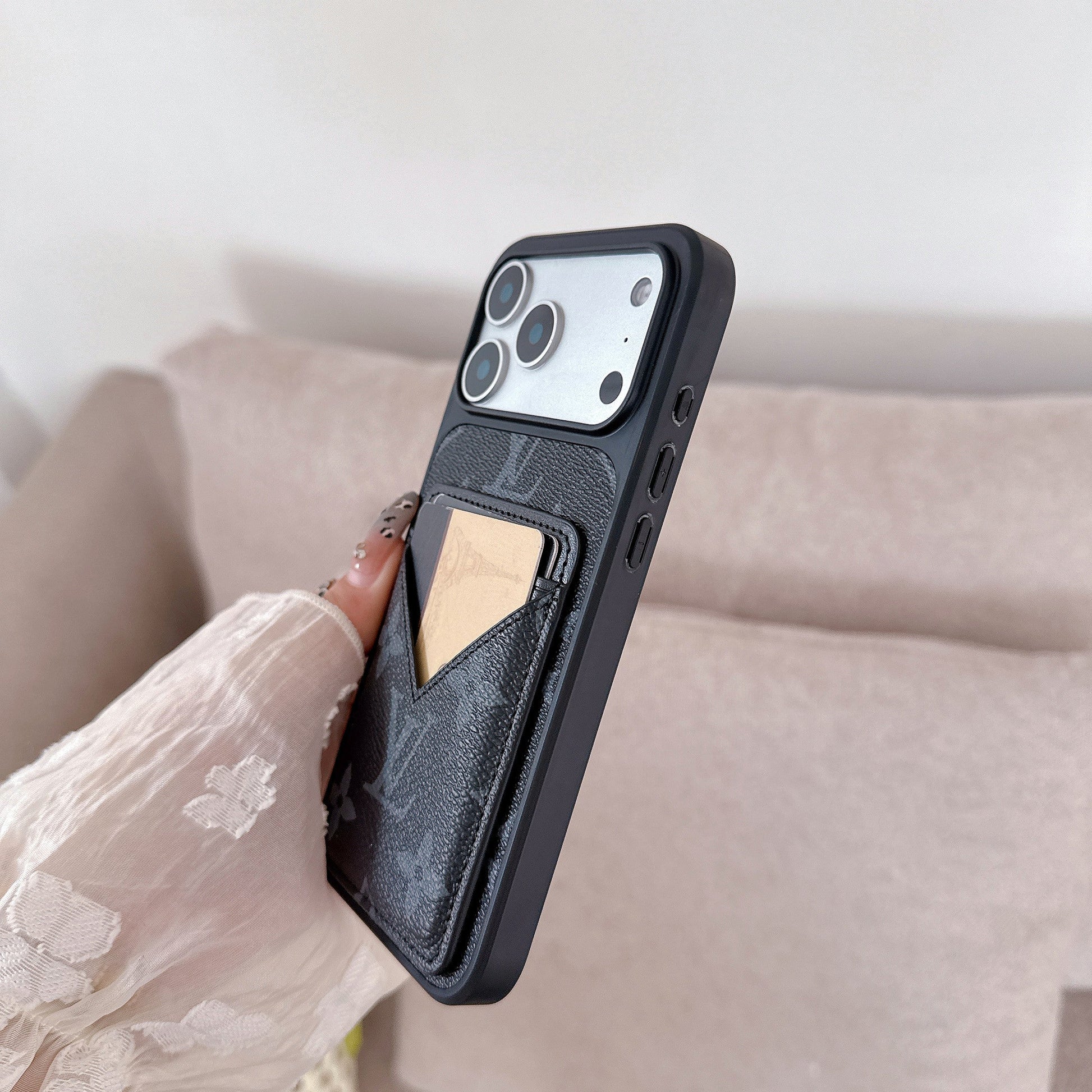 Black Monogram Leather Wallet Case with V-Pocket Card Slot for iPhone 16-17 Pro Max