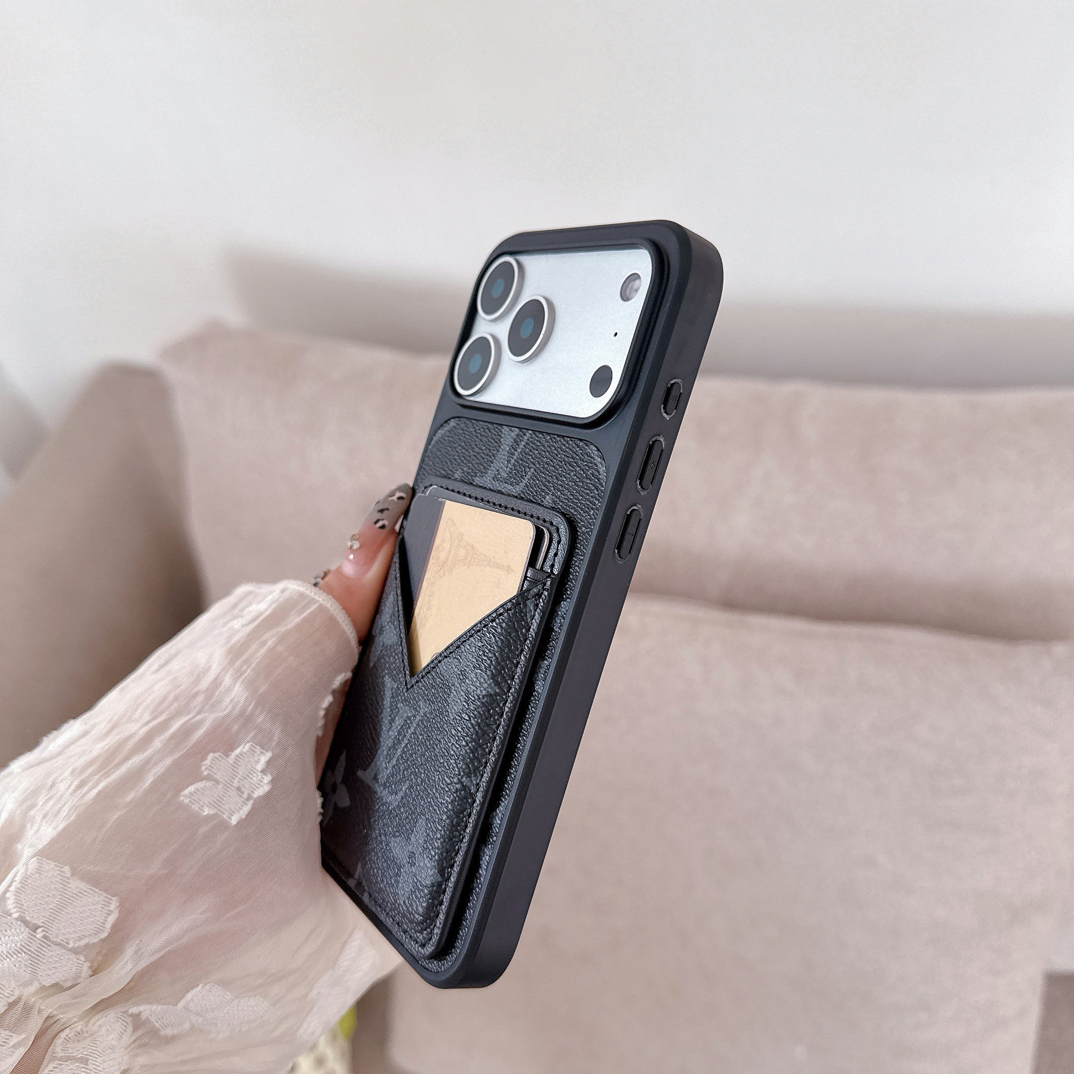 Black Monogram Leather Wallet Case with V-Pocket Card Slot for iPhone 16-17 Pro Max