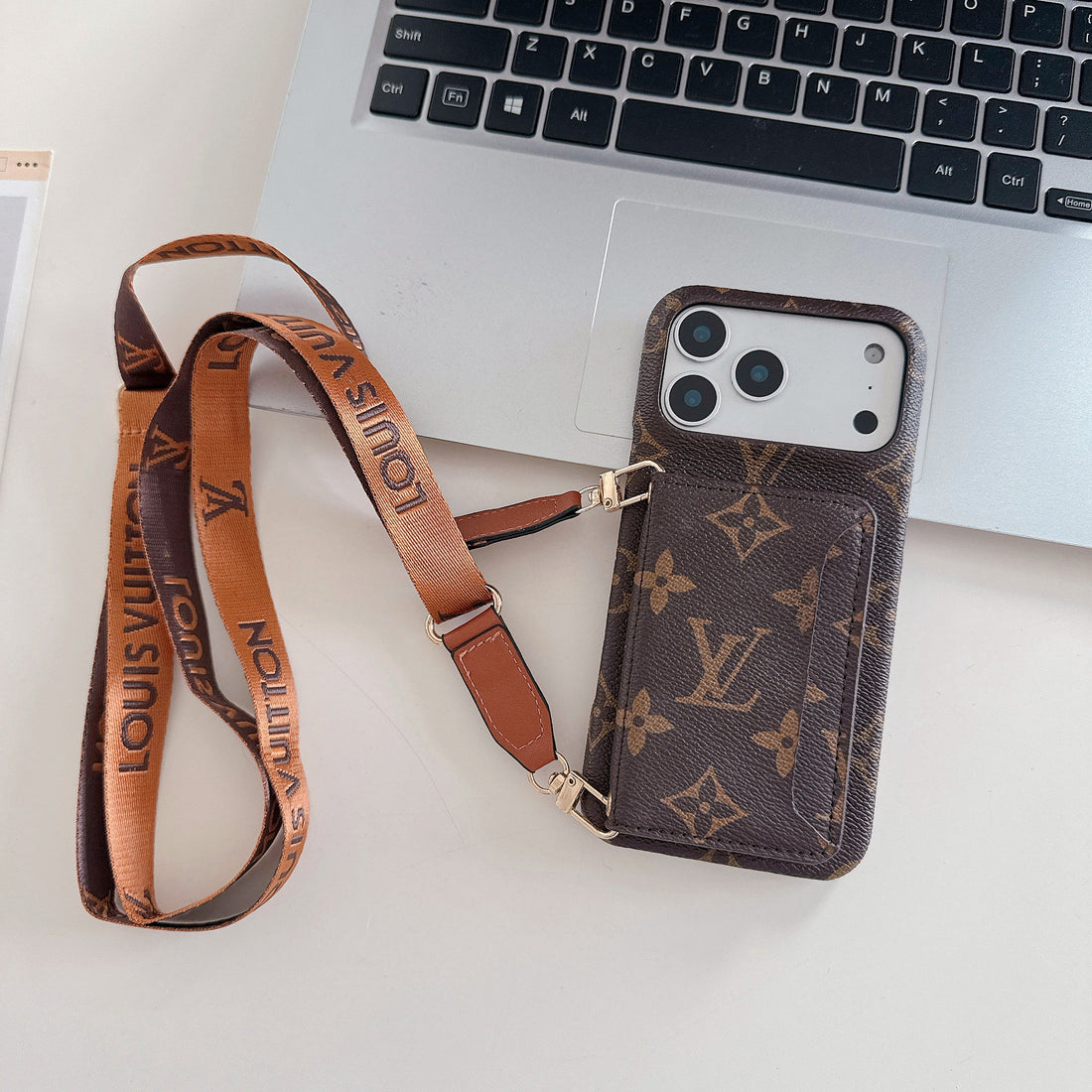 Brown Monogram Leather Crossbody Wallet Case for iPhone 15-17 Pro Max