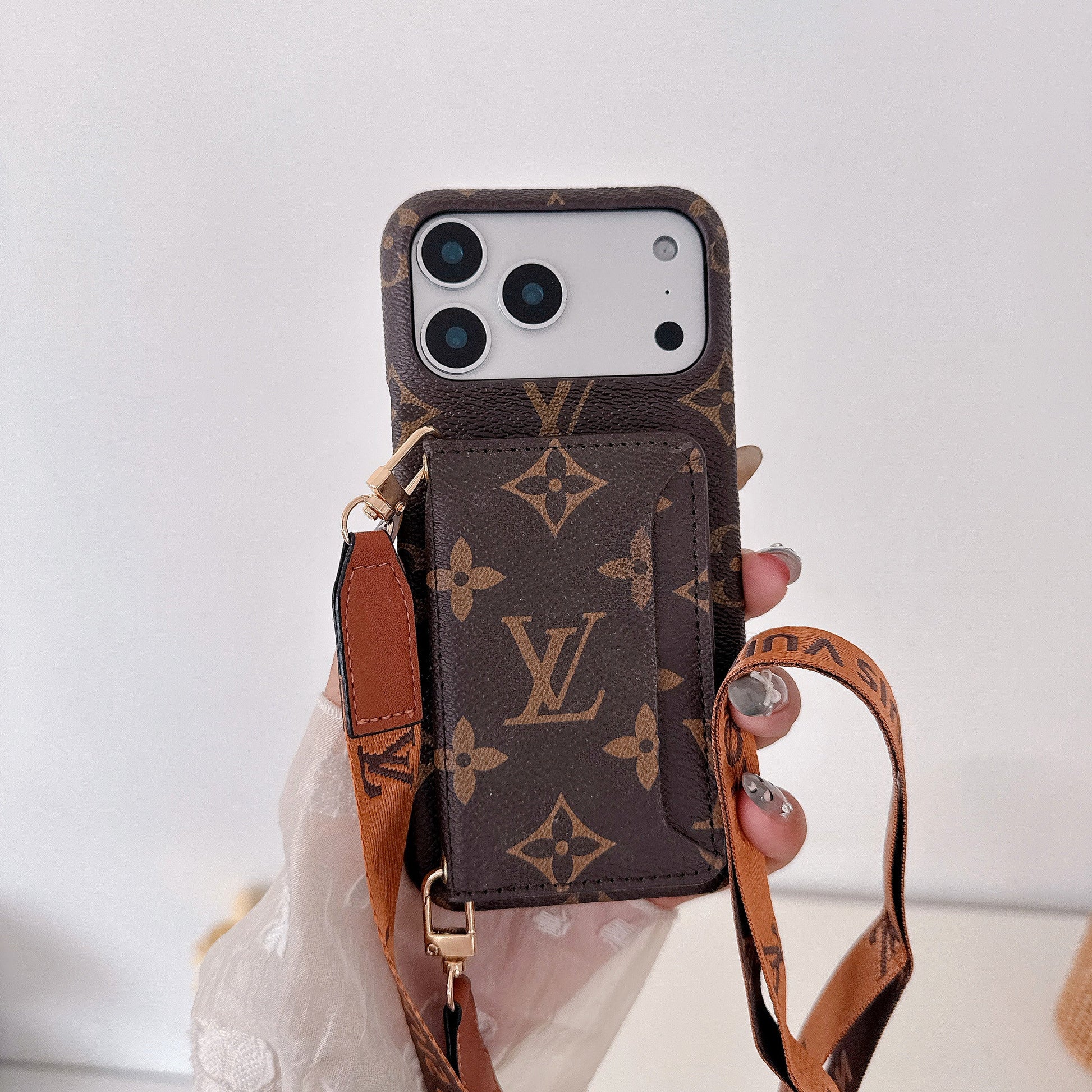 Brown Monogram Leather Crossbody Wallet Case for iPhone 15-17 Pro Max