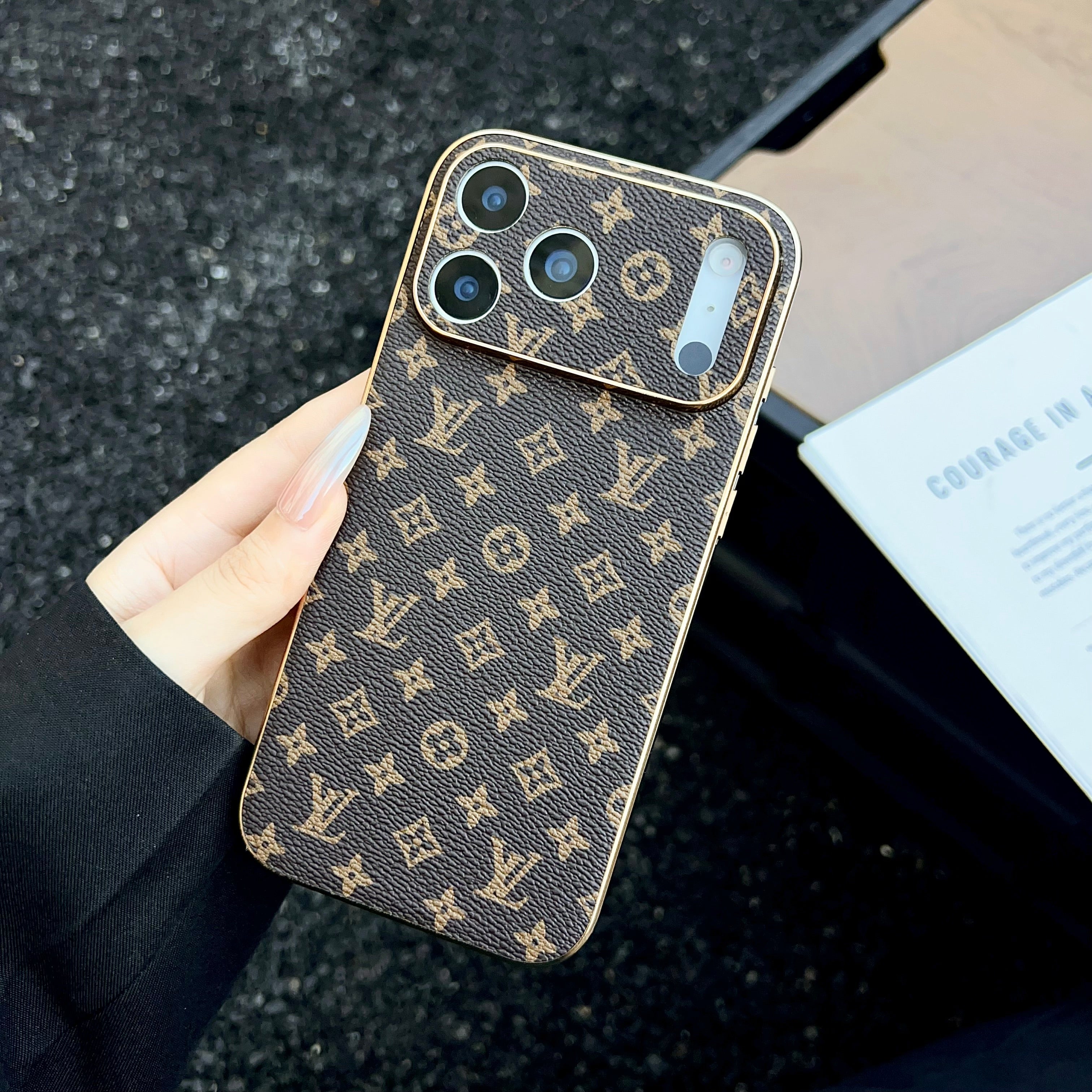 Luxury Monogram Leather Gold Frame Case For iPhone 16-17 Pro Max