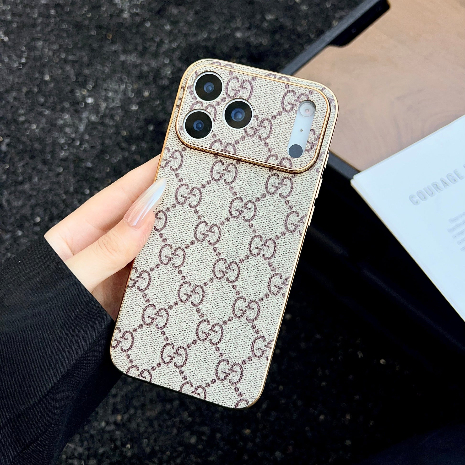 Luxury Monogram Leather Gold Frame Case For iPhone 16-17 Pro Max