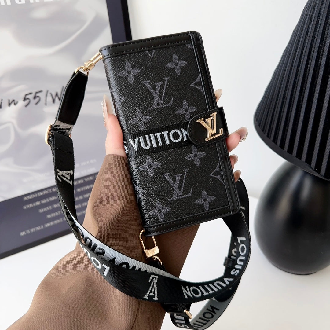 LV Crossbody Wallet Phone Case for iPhone 12-16 Pro Max Plus Black Checkered