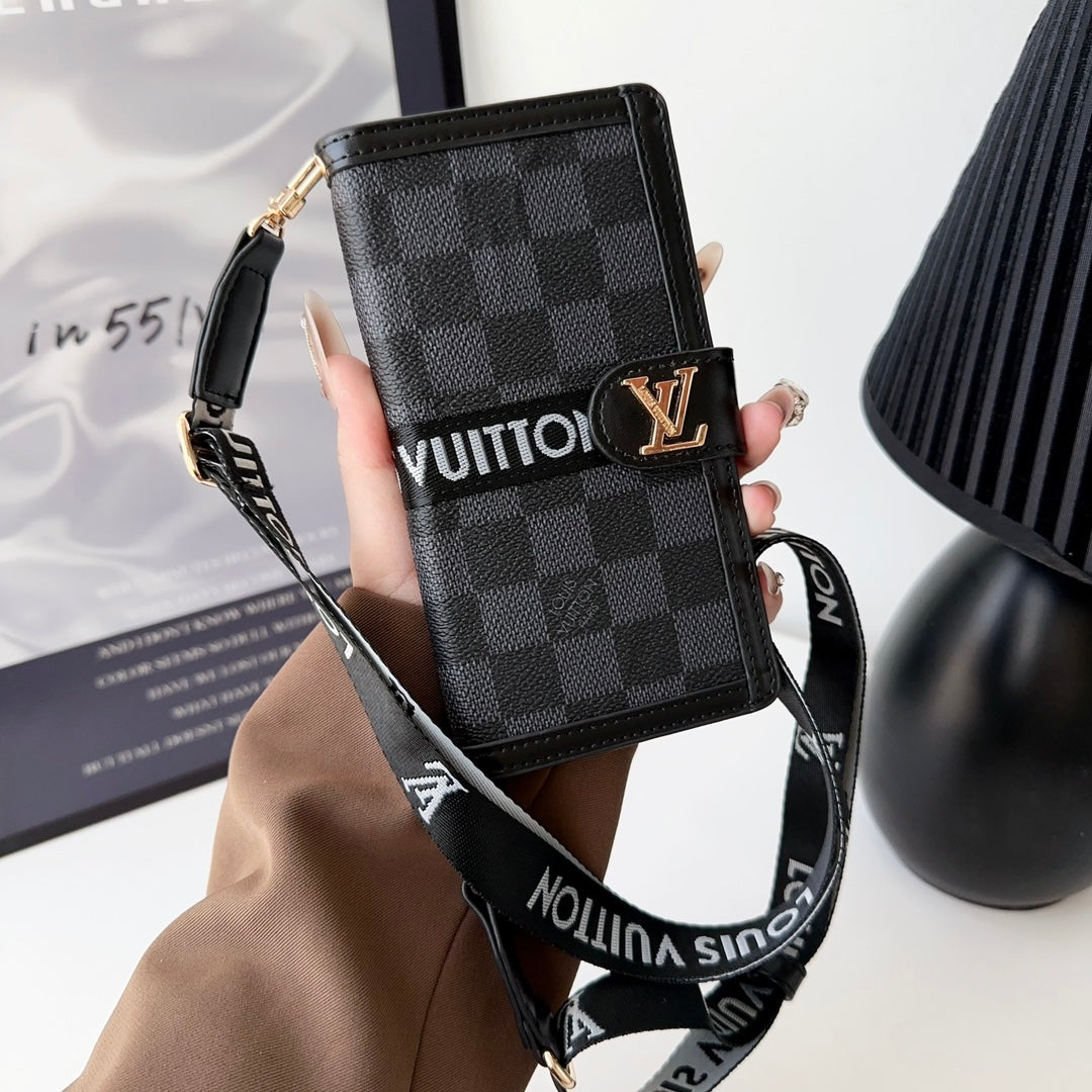 LV Crossbody Wallet Phone Case for iPhone 12-16 Pro Max Plus Black Checkered