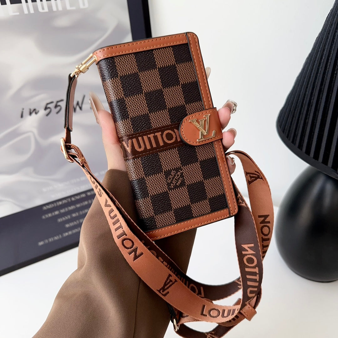 LV Crossbody Wallet Phone Case for iPhone 12-16 Pro Max Plus Black Checkered