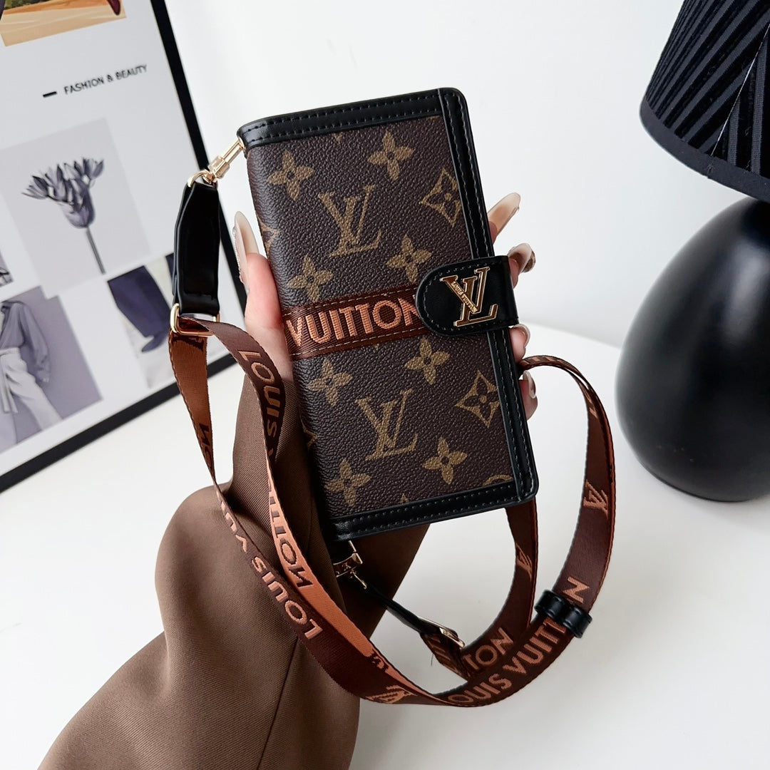 LV Crossbody Wallet Phone Case for iPhone 12-16 Pro Max Plus Black Checkered