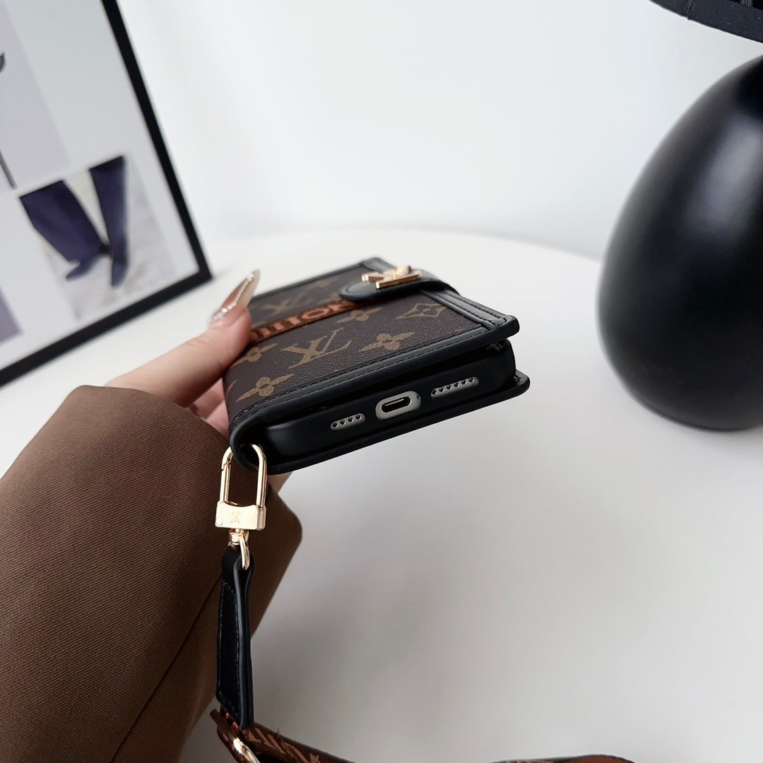 LV Crossbody Wallet Phone Case for iPhone 12-16 Pro Max Plus Black Checkered