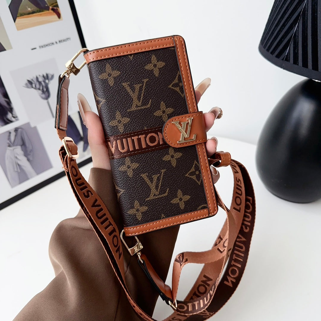 LV Crossbody Wallet Phone Case for iPhone 12-16 Pro Max Plus Black Checkered